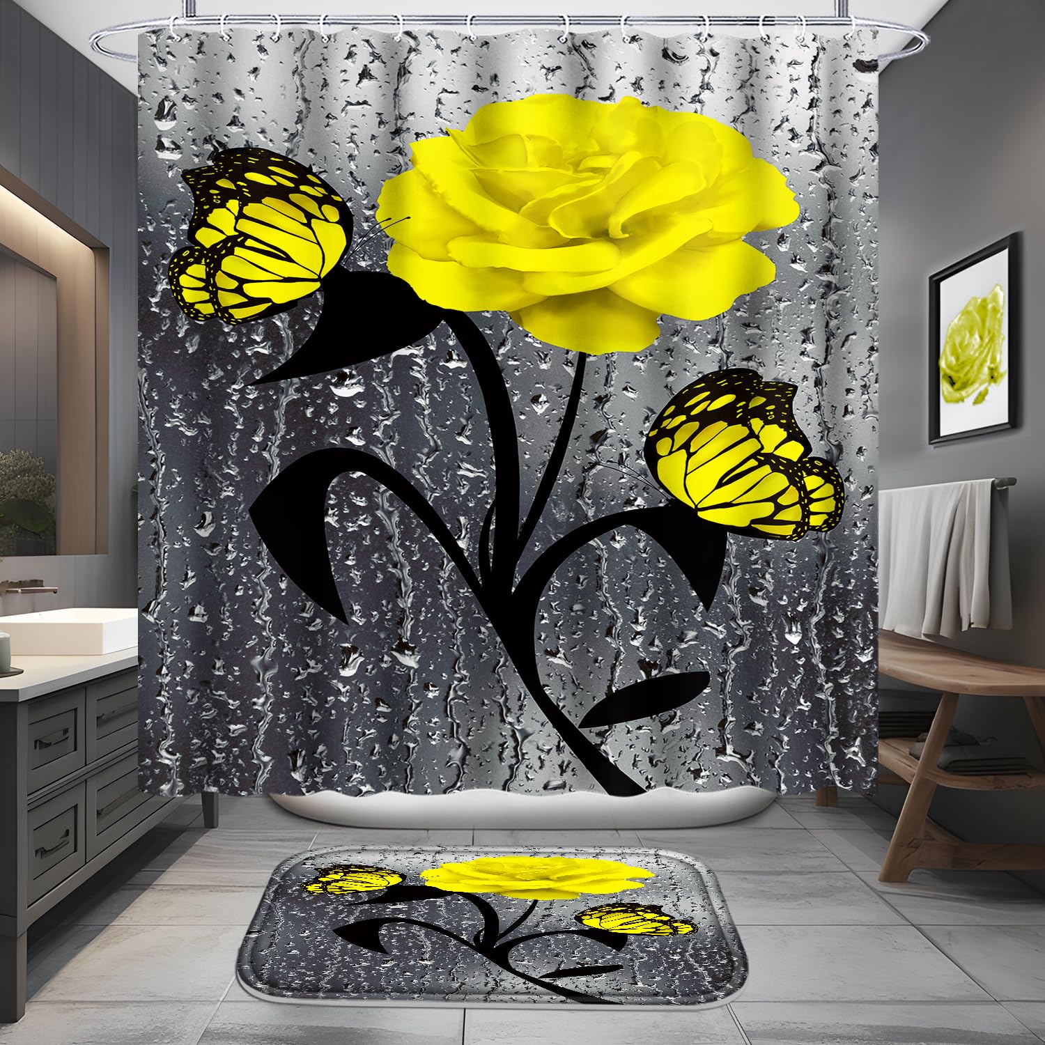 Poedist 4 Pcs Bathroom Set,Yellow Rose Shower Curtain Sets, Romantic Shower Curtain Sets With Rugs(Bath Mat,U Shape And Toilet L