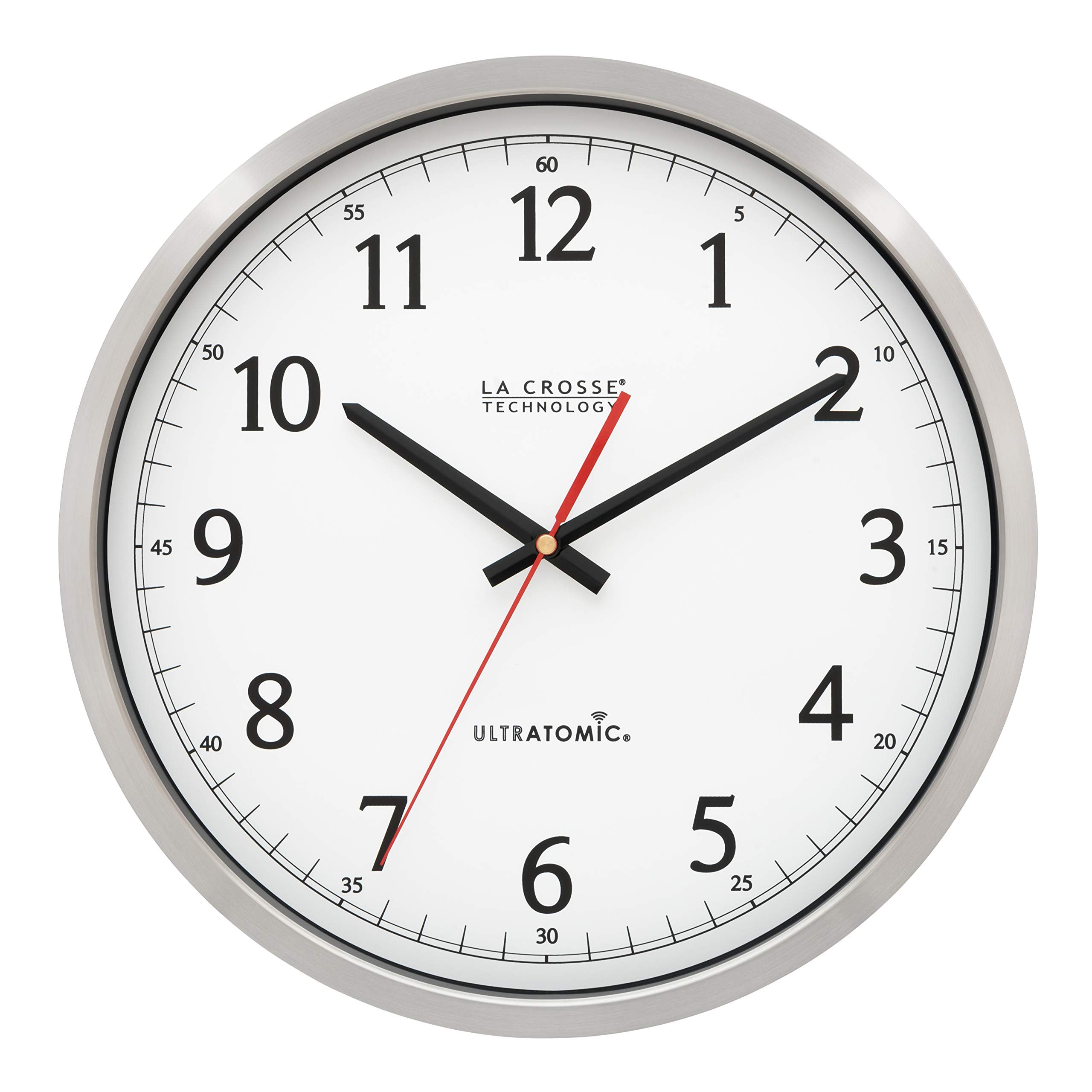 La Crosse Technology 404-1235UA-PL UltrAtomic 14 inch Stainless Steel Wall Clock, Shatterproof Lens, Silver