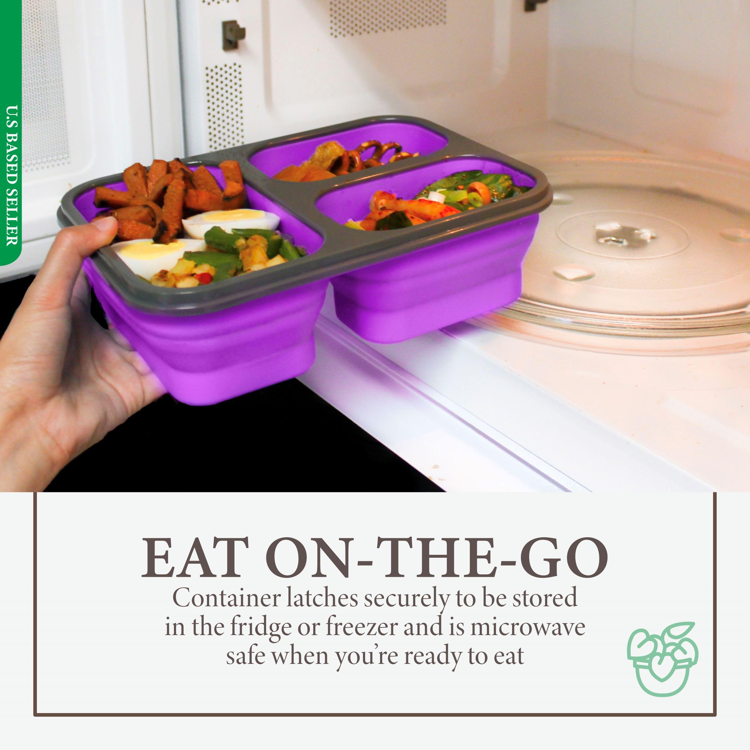 Creekview Home Emporium Collapsible Food Container - Purple Bento Lunch Box With 3 Compartments And Silverware In Lid