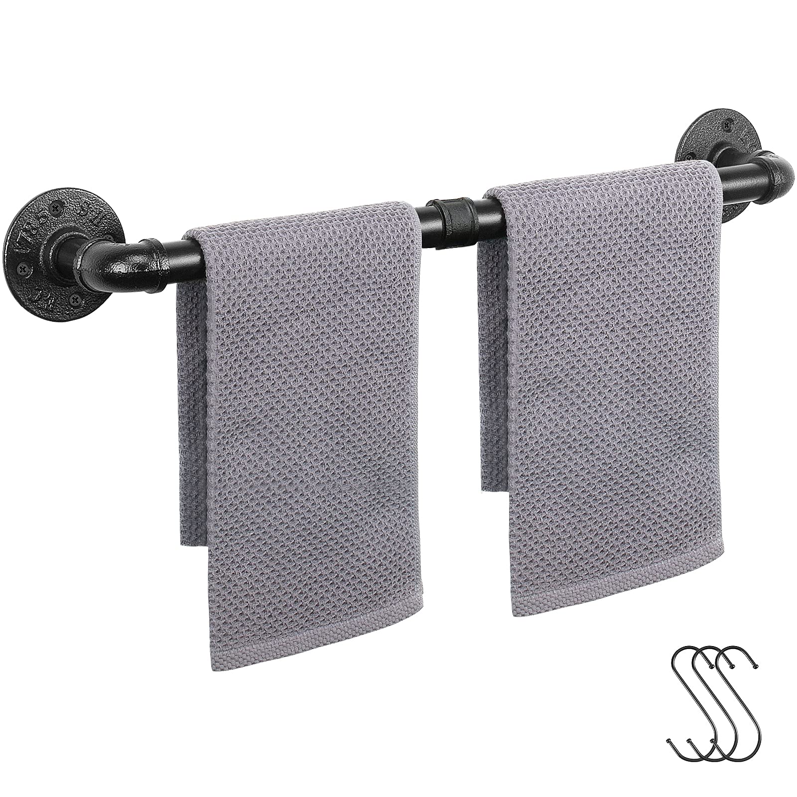 Jeasor Industrial Pipe Towel Rack Towel Bar, Heavy Duty Wall Mounted Rustic Farmhouse Bath Towel Holder For Bathroom (Black, 24