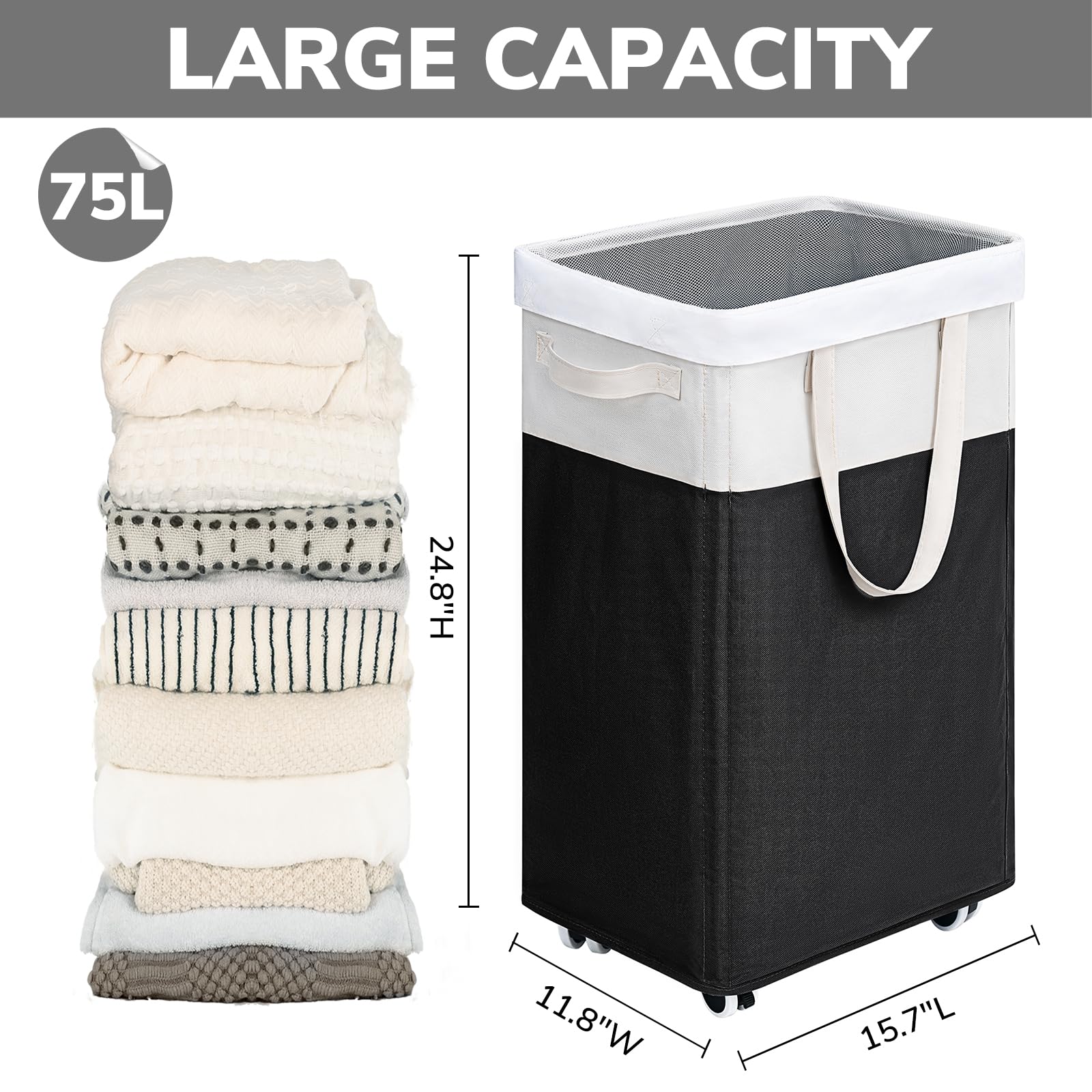 Goodpick Hamper With Wheels 75L 2-Pack, Tall Laundry Basket With Removable Wash Bags, Rolling Black Laundry Hamper For Corner Do