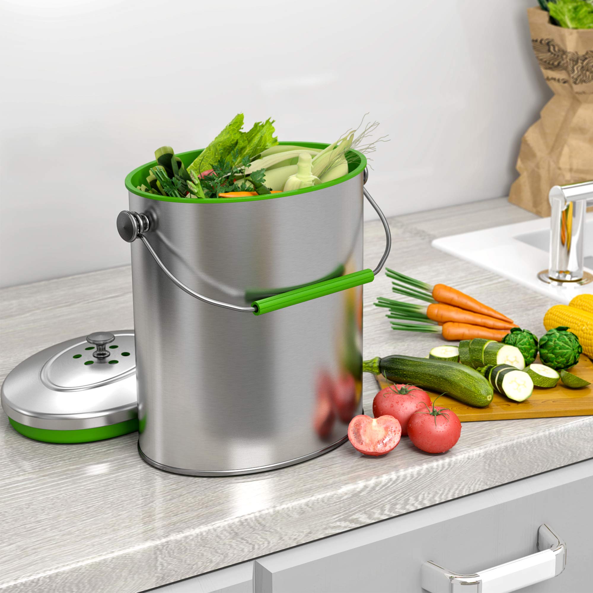 iTouchless Stainless Steel Compost Bin 1.6 Gallon Includes AbsorbX Odor Filter System  Titanium Rust-Free Space-efficient Slim Oval Shape 6 Liter Kitchen Countertop Trash Can
