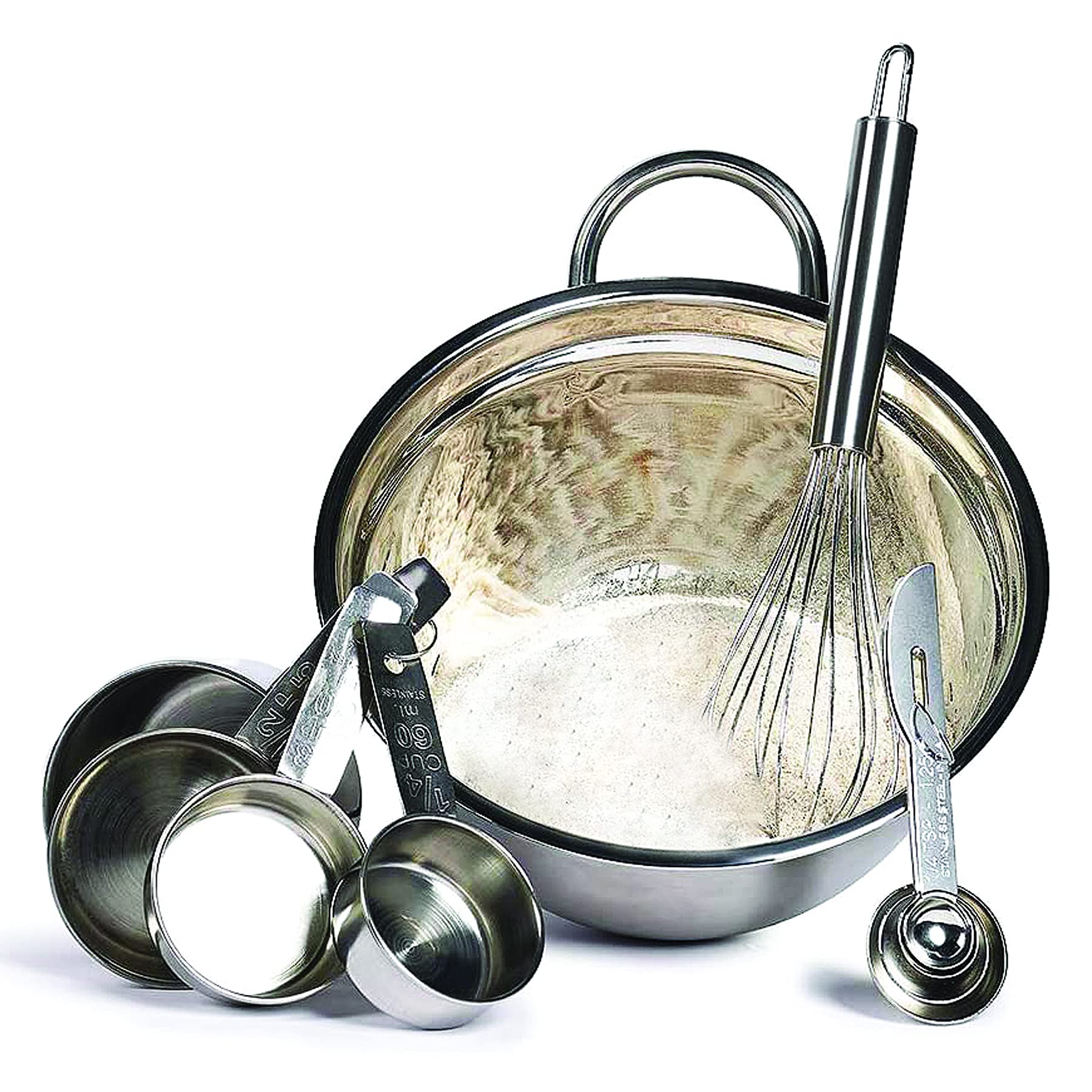 Le Regalo Meal Prep Piece Stainless Steel Set, 4 Measuring Cups And Spoons, 10'' Whisk And 3 Quart Mixing Bowl, Large, Silver,Hw