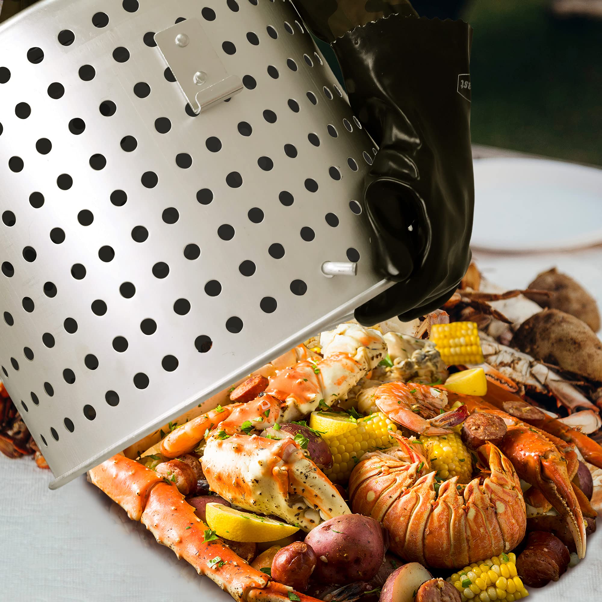 Creole Feast Sbk0601 60 Qt. Seafood Boil Pot With Basket And Burner, Outdoor Aluminum Propane Seafood Boiler With 10 Psi Regulat