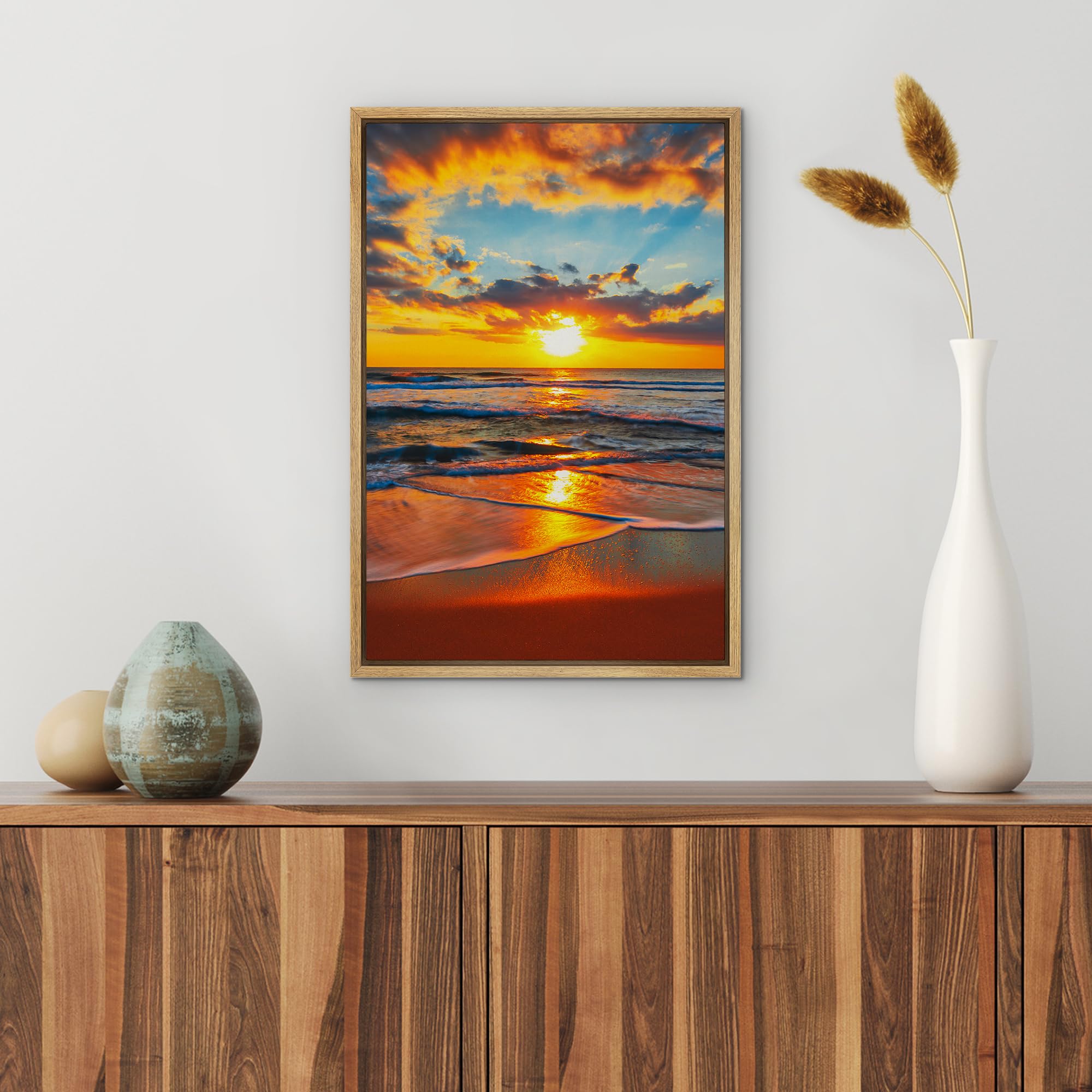 Wall26 Framed Canvas Print Wall Art Vibrant Ocean Beach Paradise Sunset Sky Nature Wilderness Photography Realism Decorative Lan