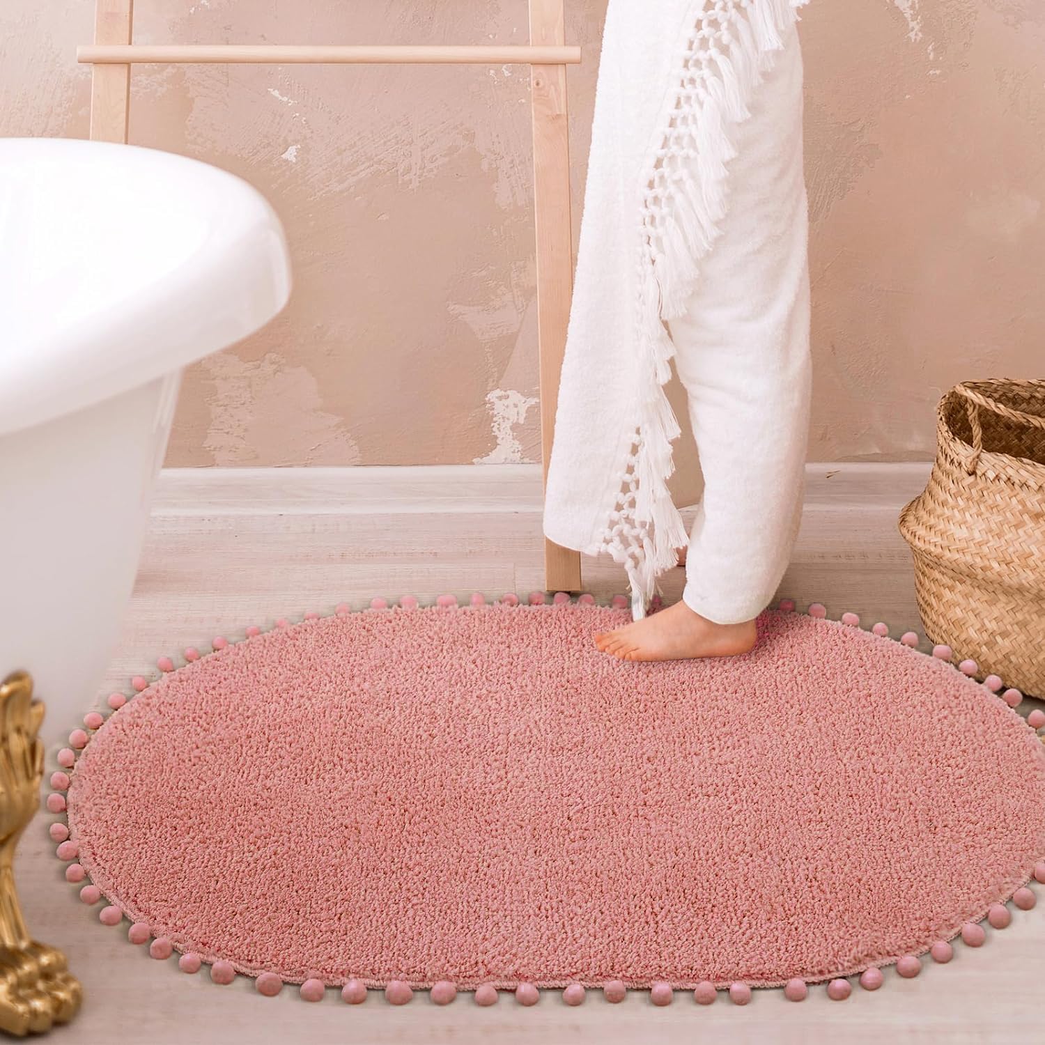 Yirddeo Oval Bathroom Rugs Dusty Pink Rug With Pom Bath Mat For Bedroom Non Slip Cute Boho Absorbent Mats Soft Plush Washable Ru