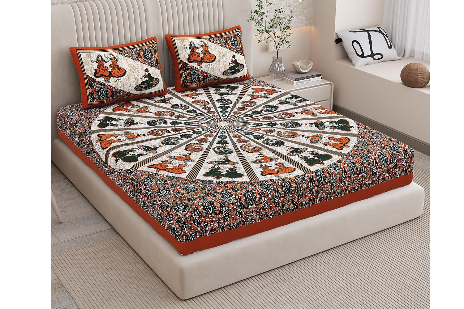 Queenie Brand Bedsheet For Double Bed With 2 Pillow Covers Set 144 Tc Cotton Double Bedsheet Traditional Jaipuri Printed