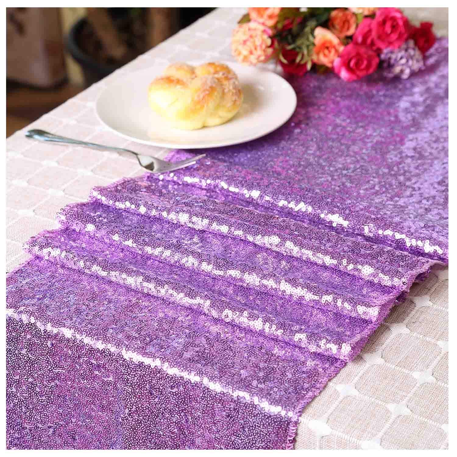 Lqiao Lavender Table Runner Glitter Sequin Table Runner 12X108 Inches For Bridal Baby Shower Girls Birthday Party Sweetheart Tab