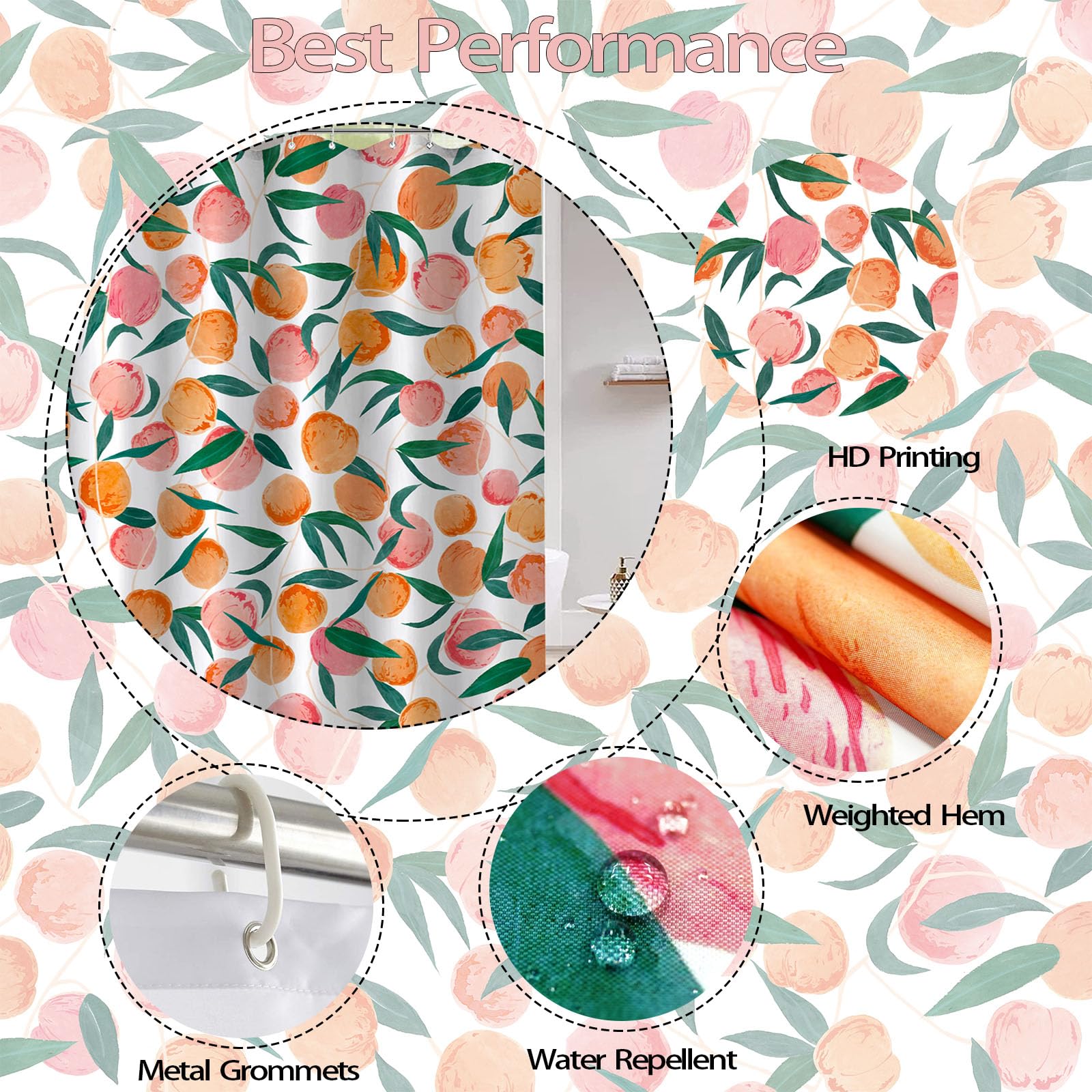 Lifeel Peach Shower Curtain, Allover Fruits Cute Bright Colorful Design Waterproof Fabric Bathroom Curtains Set With 12 Hooks, P