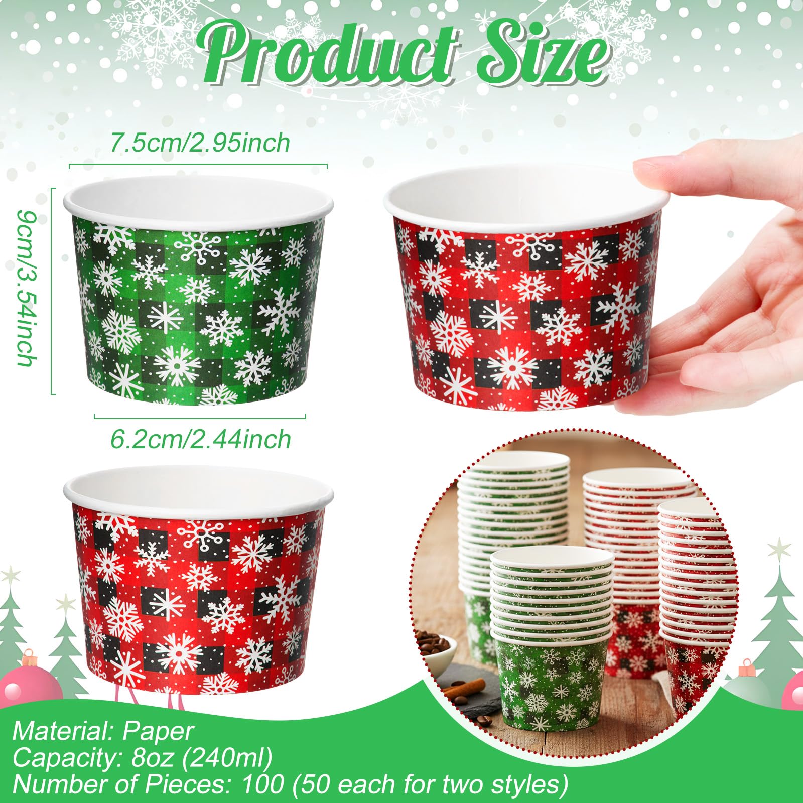Jingmore 100 Pcs 8 oz Christmas Buffalo Plaid Treat Snack Cups Paper Red Green Plaid Ice Cream Bowl Disposable Paper Bowls Winte
