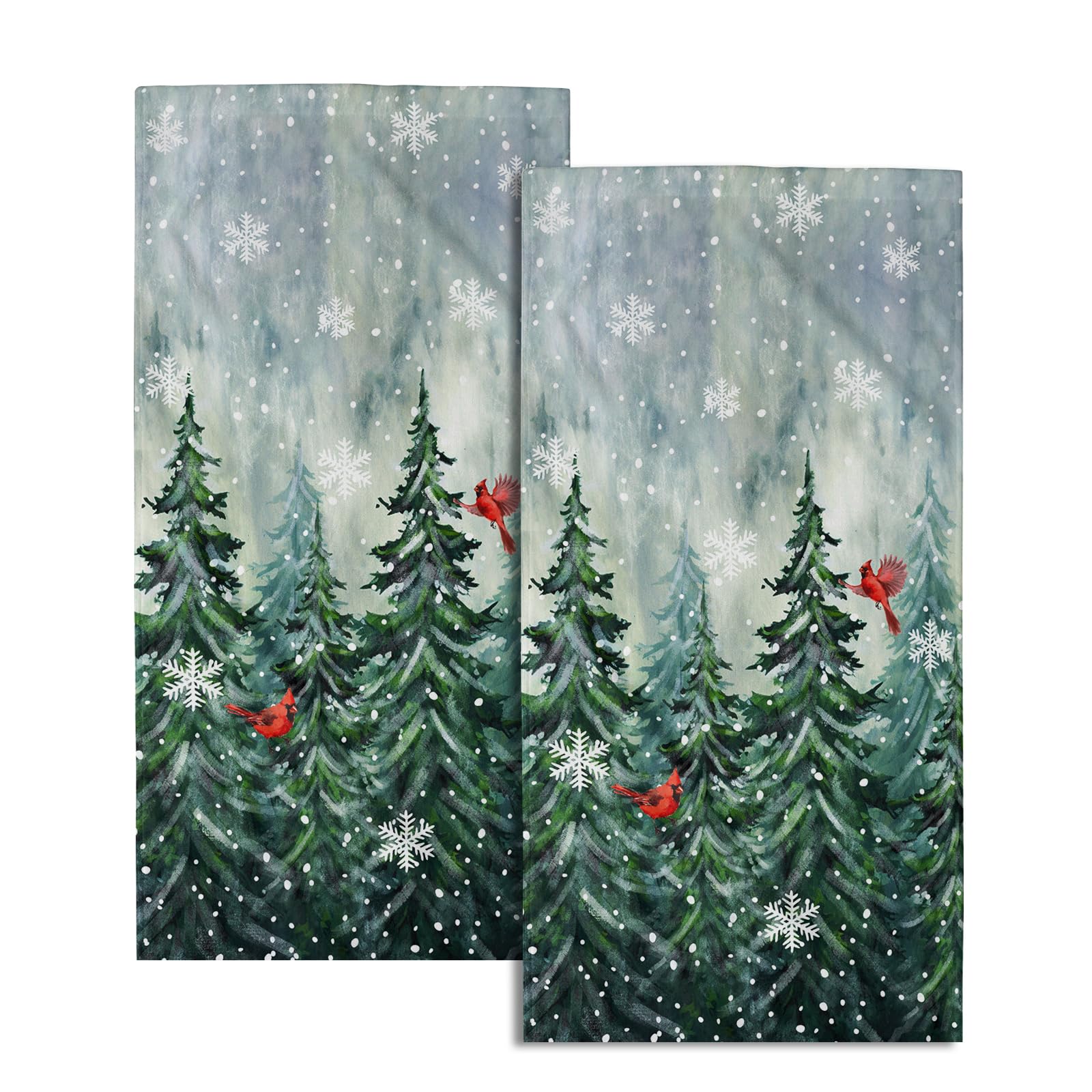 Winter Watercolor Tree Hand Towels For Bathroom 2 Packs Christmas Dark Green Pine Trees Kitchen Towels Misty Forest Cardinal Hol