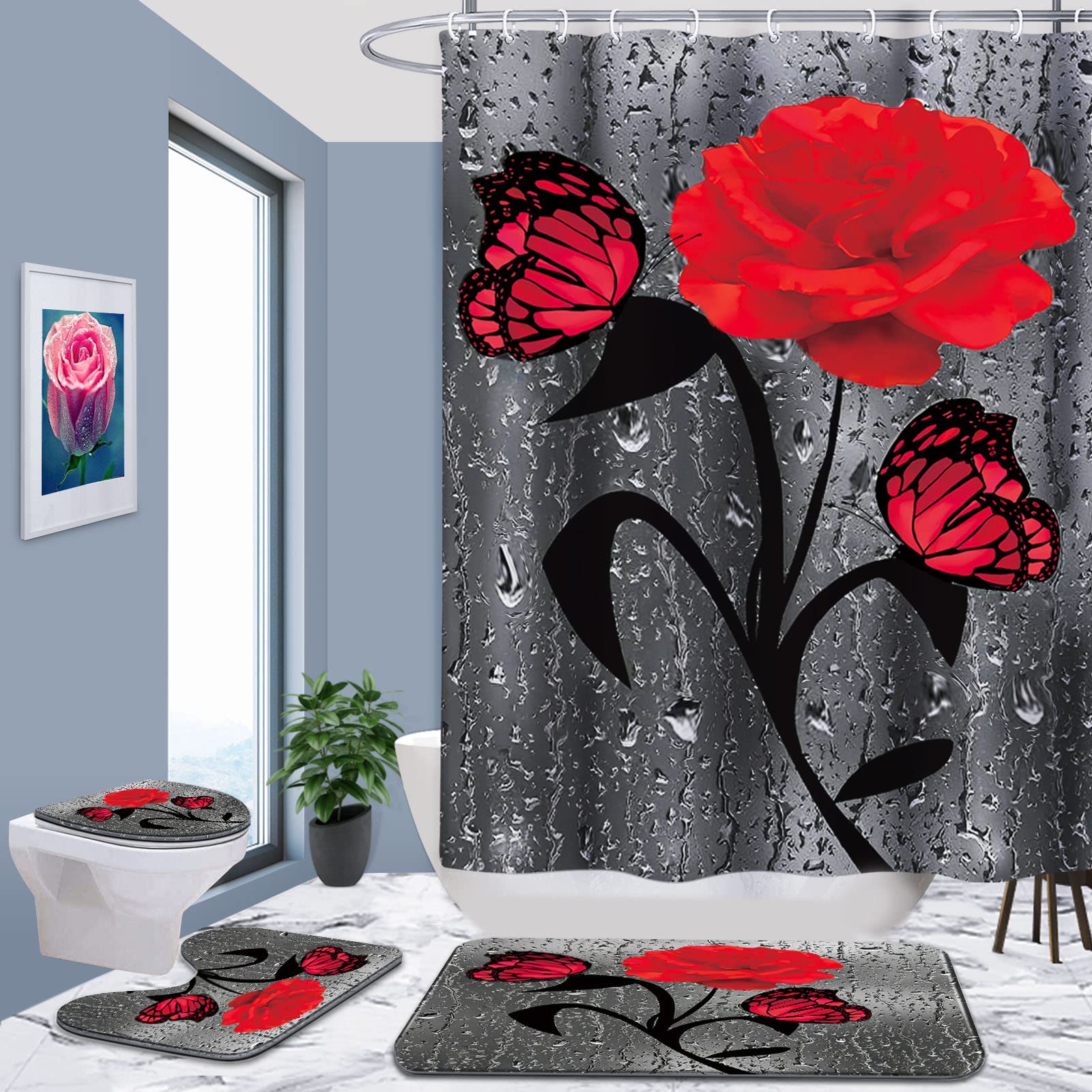 Poedist 4 Pcs Bathroom Shower Curtain Set,Red Rose Shower Curtain Valentine'S Day Shower Curtain Sets With Rugs(Bath Mat,U Shape