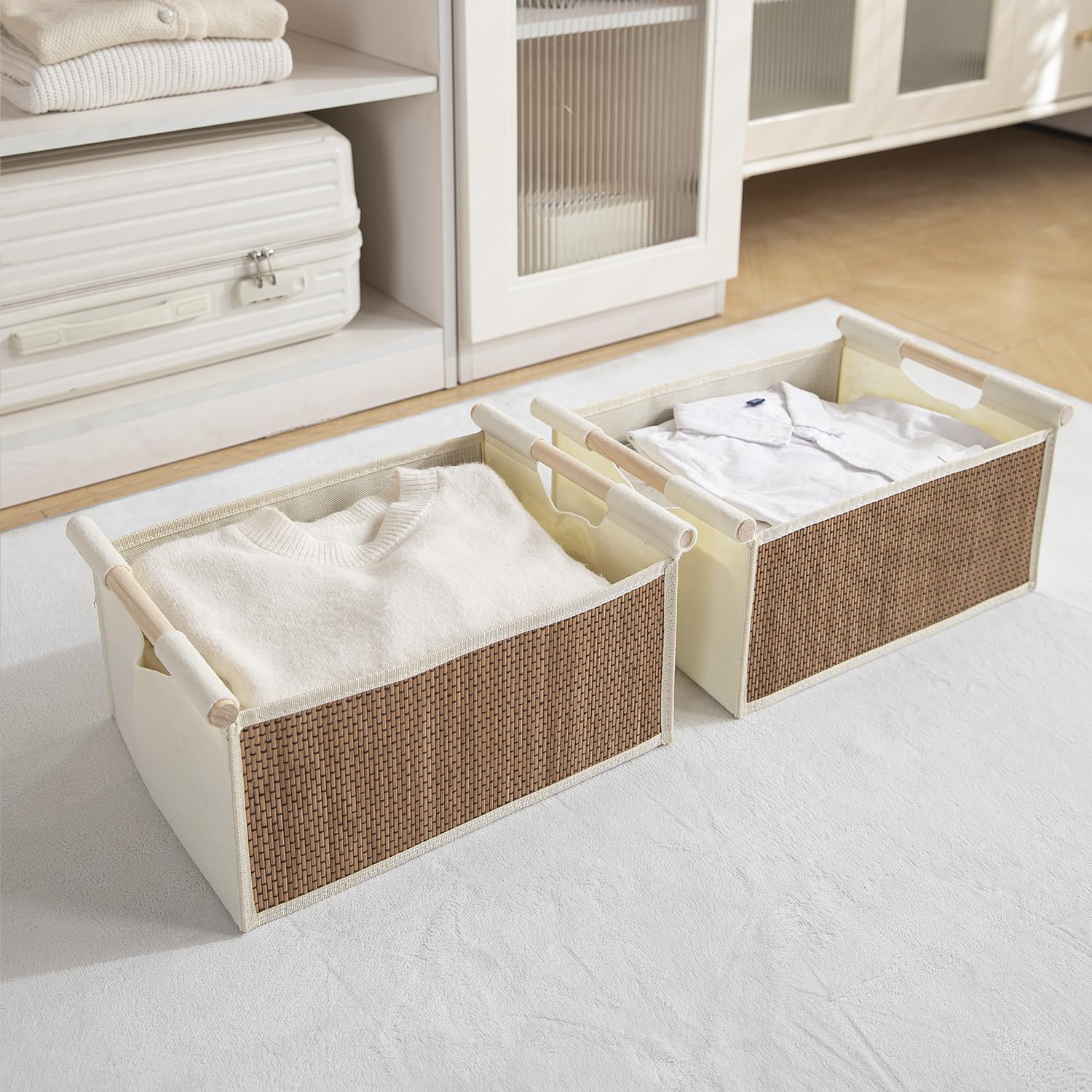 Hokipo Set Of 2 Bamboo Storage Baskets With Wooden Handles, Large 38X29X17 Cm Storage For Clothes & Home Organization (Ar6154 *