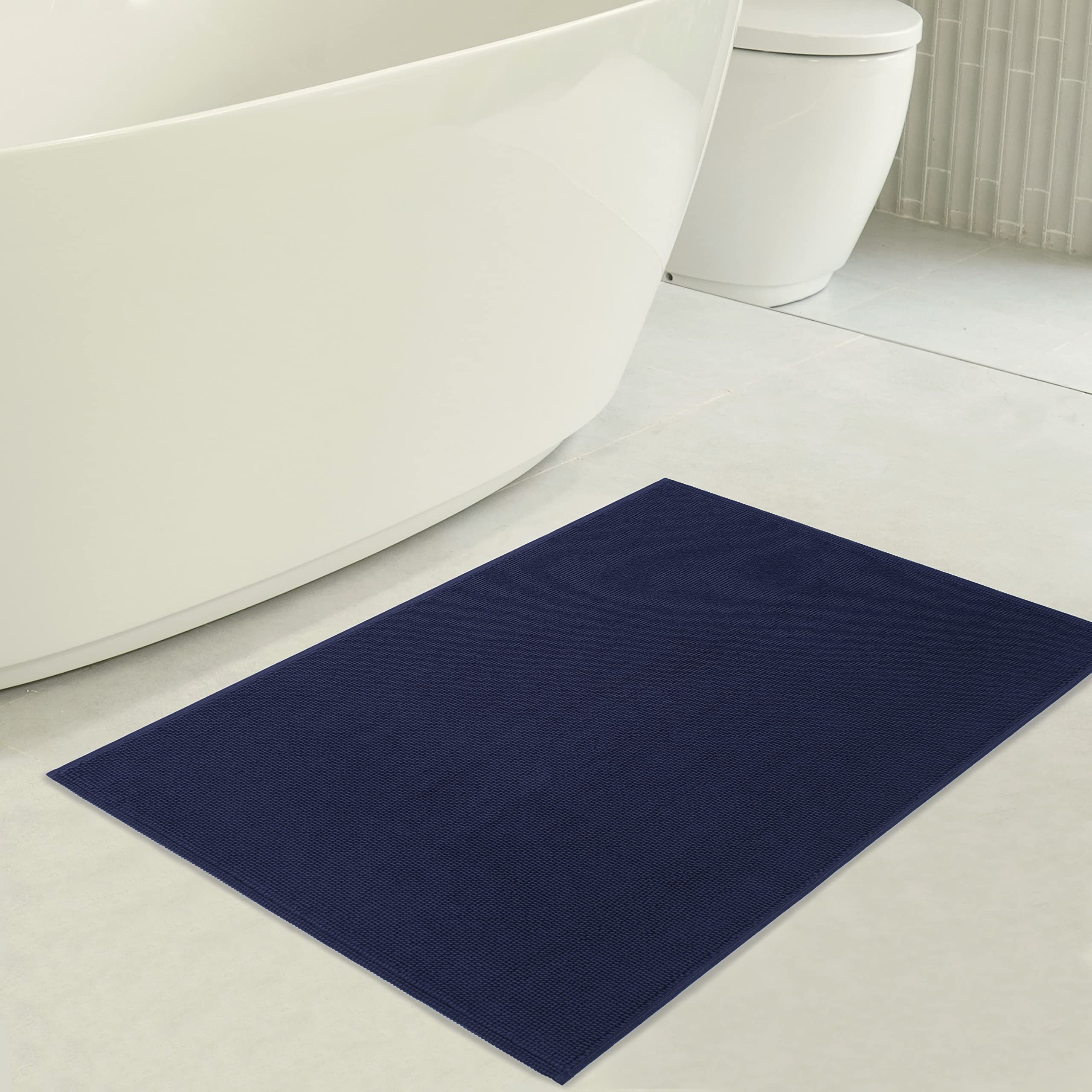 American Soft Linen Bath Rug, 20 In 34 In 100% Cotton Bath Mats Rugs For Bathroom, Non Slip Washable Shaggy Form Area Rugs, Navy