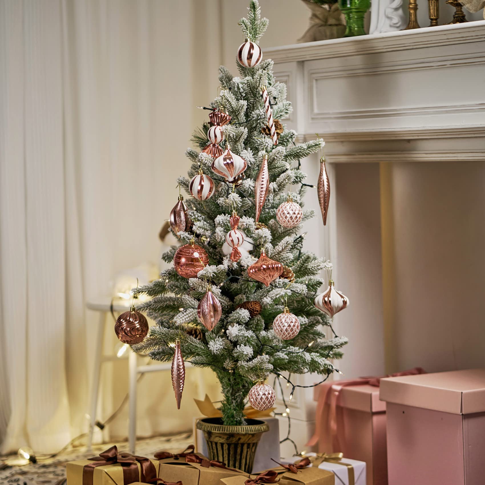 Christmas Ball Ornaments Shatterproof Plastic Tree Ornaments 24 PCS Shaped Styles Xmas Tree Holiday Decor,Rose Gold