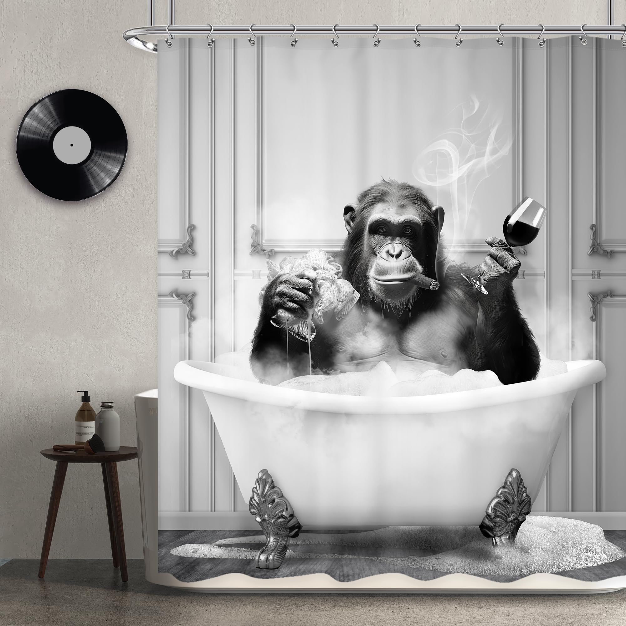 Newsely Funny Monkey Shower Curtain 60Wx72H Inch Chimpanzee In Bathtub Black White Animal Wildlife Boys Men Shower Curtain Bathr