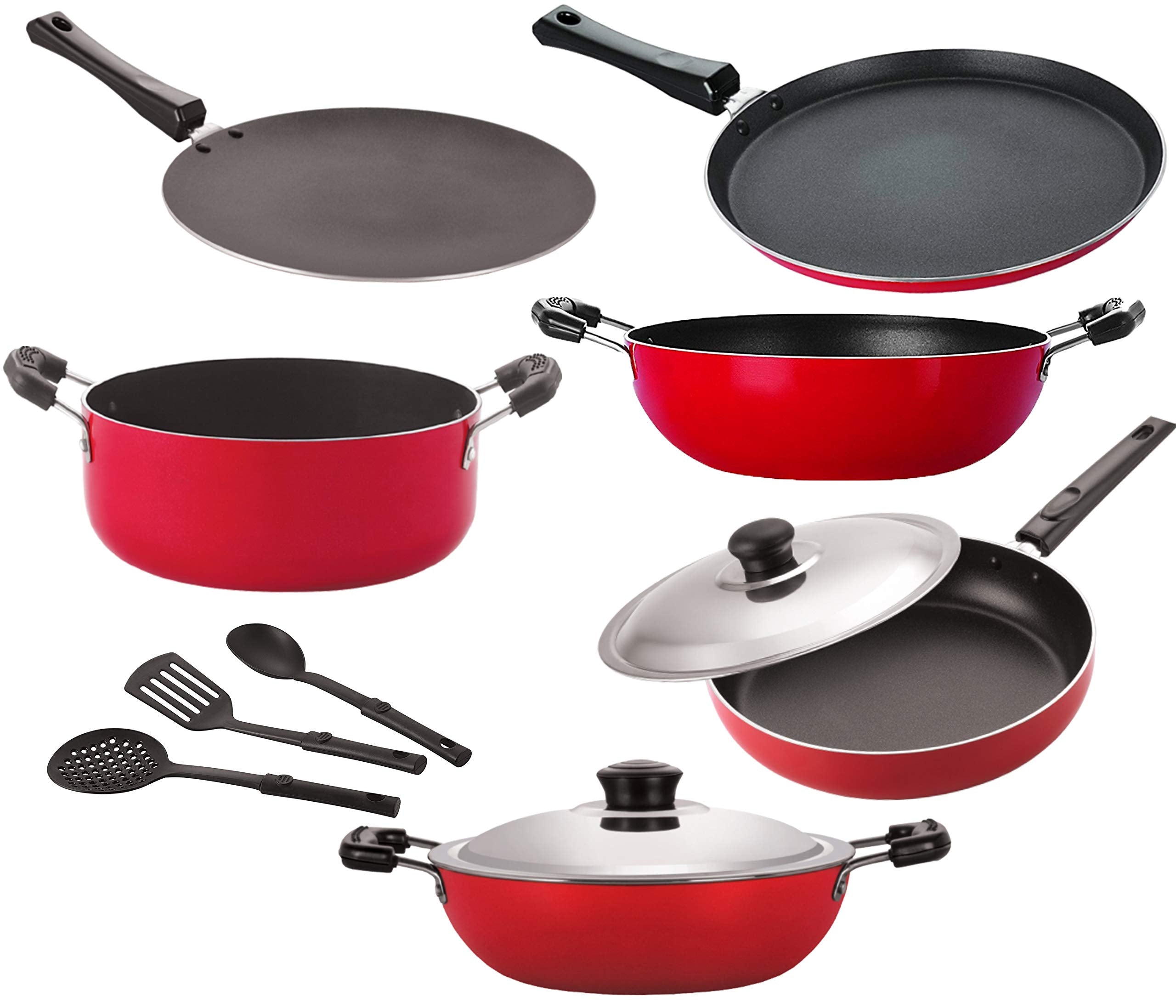 Nirlon NonStick Cookware Kitchen Cooking Essential Combo Set Of 9 Pieces (26_Ct_Kd13_Dkdm_Ft10_Cass20_Fp12_3Spn)