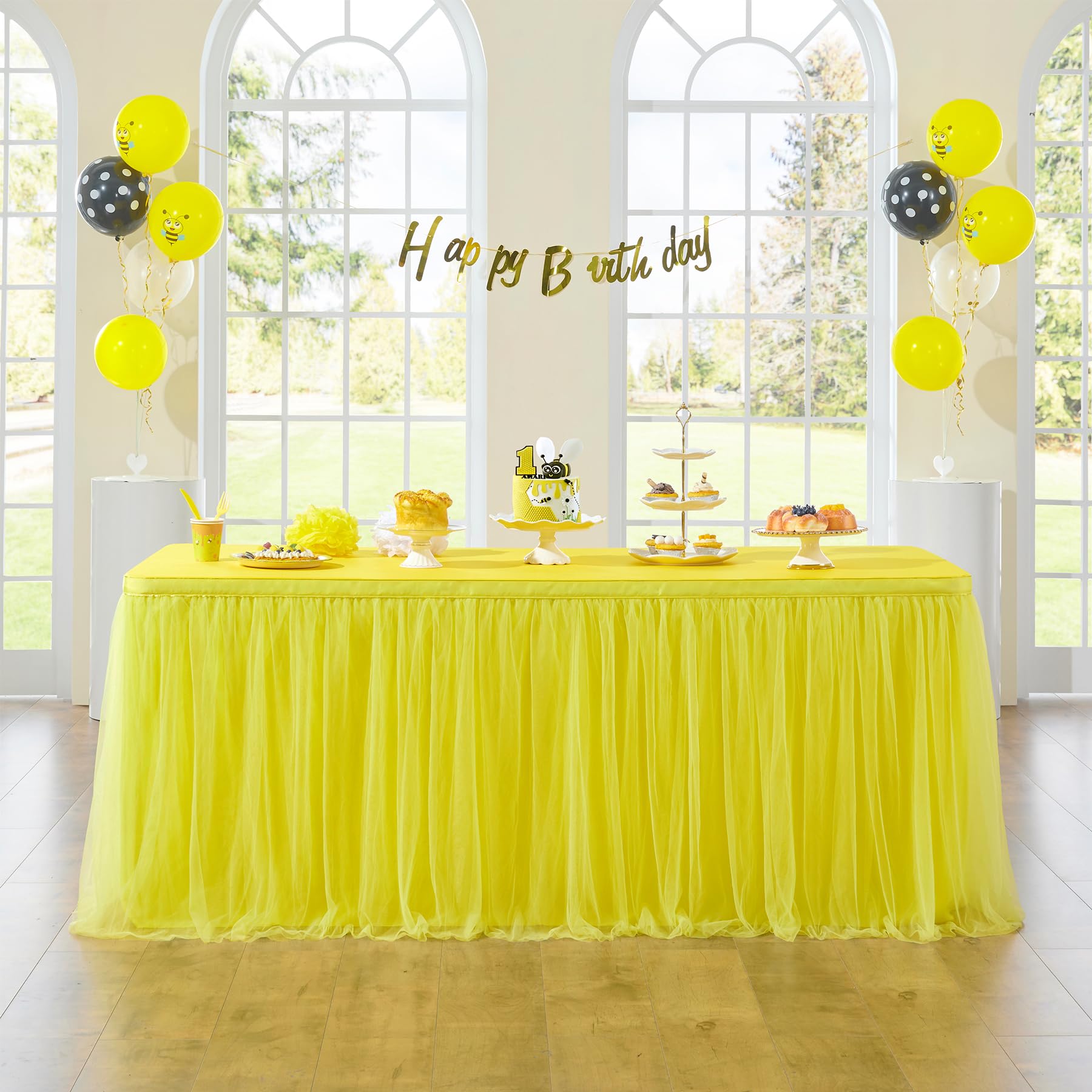 167in Yellow Tulle Table Skirts for Rectabgle Tables 6/8ft, 2-Layer Gold Grim Ruffle Tulle Tutu Cloth Table Skirt 14ft Decor Bee