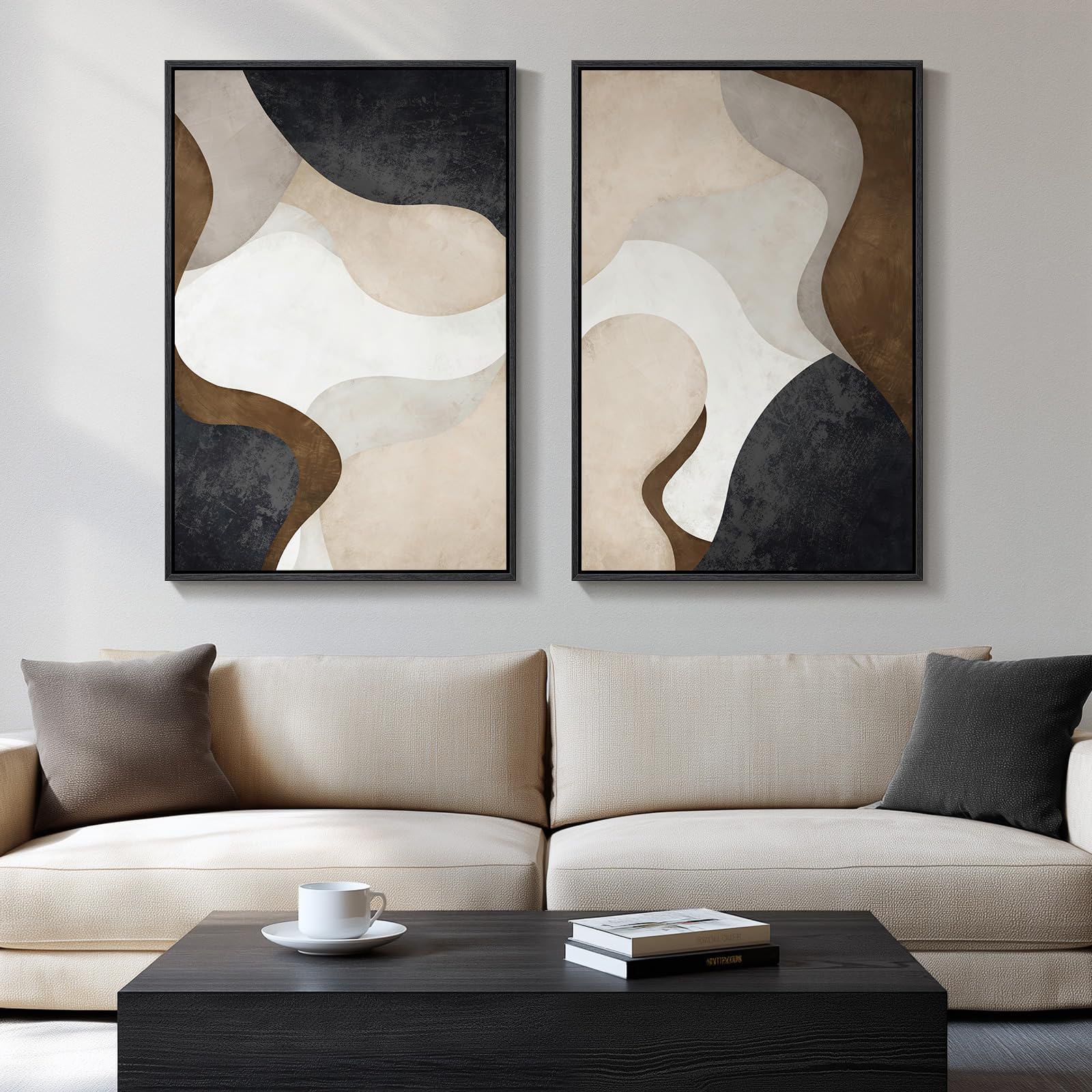 Large Framed Neutral Abstract Minimalist Wall Art Set Of 2, Modern Canvas Prints Paintings Artwork For Walls, Black Beige Brown 