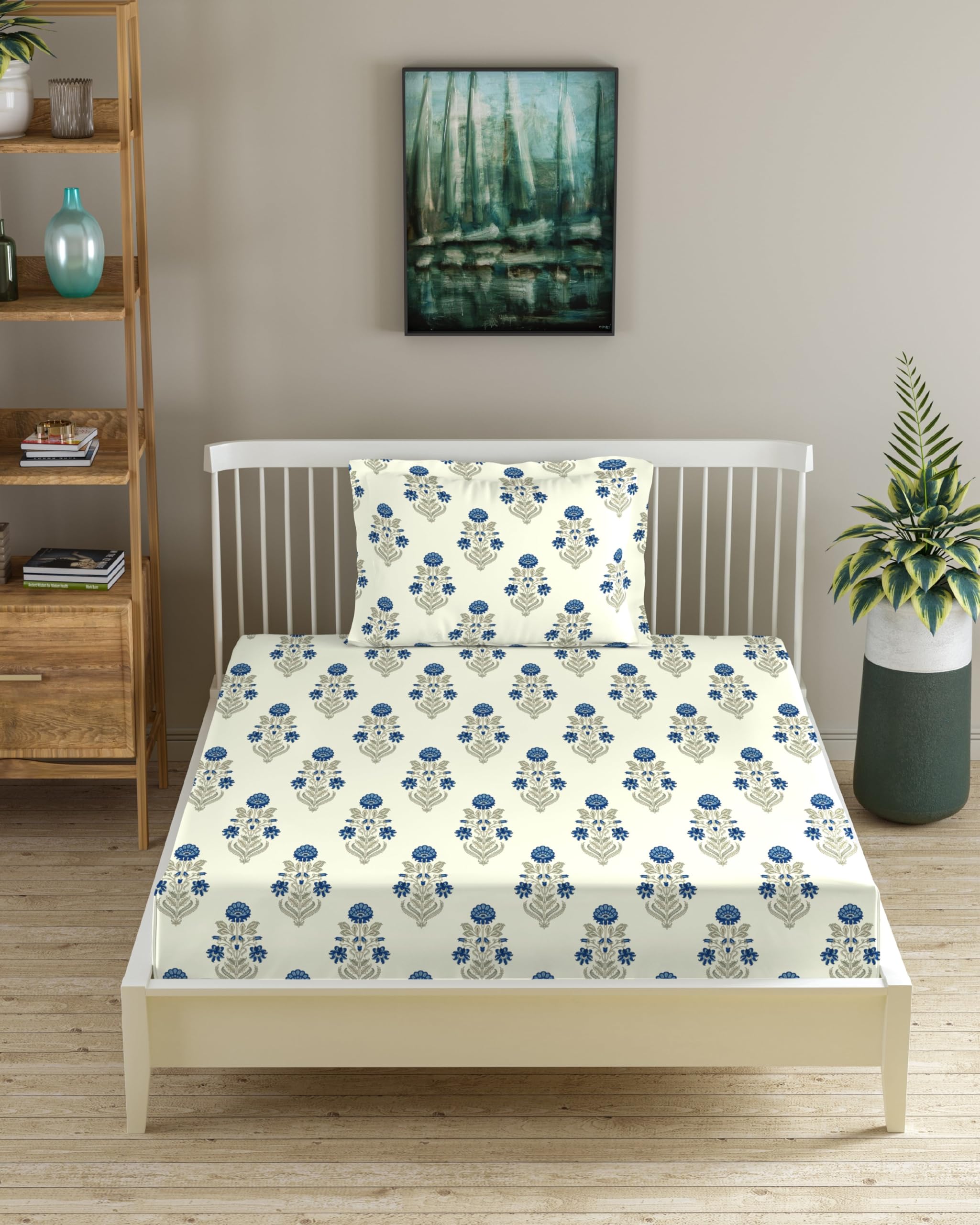 Trance Home Linen 180 Tc 100% Cotton 72X36 Single Bed Size Elastic Fitted Bedsheet | Printed Single Size Bed Elasticated Fitted 