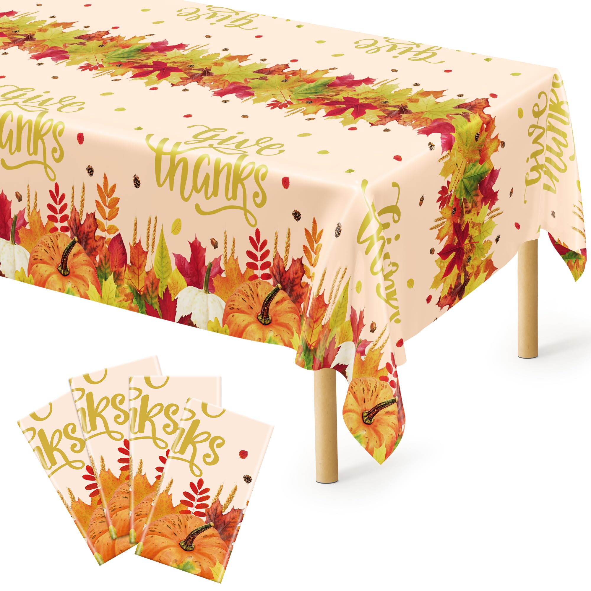 QZYL 4 Pack Thanksgiving Tablecloths, 54 x 108 Fall Plastic Tablecloth, Rectangle Maple Leaves Pumpkin Disposable Table Cloths T