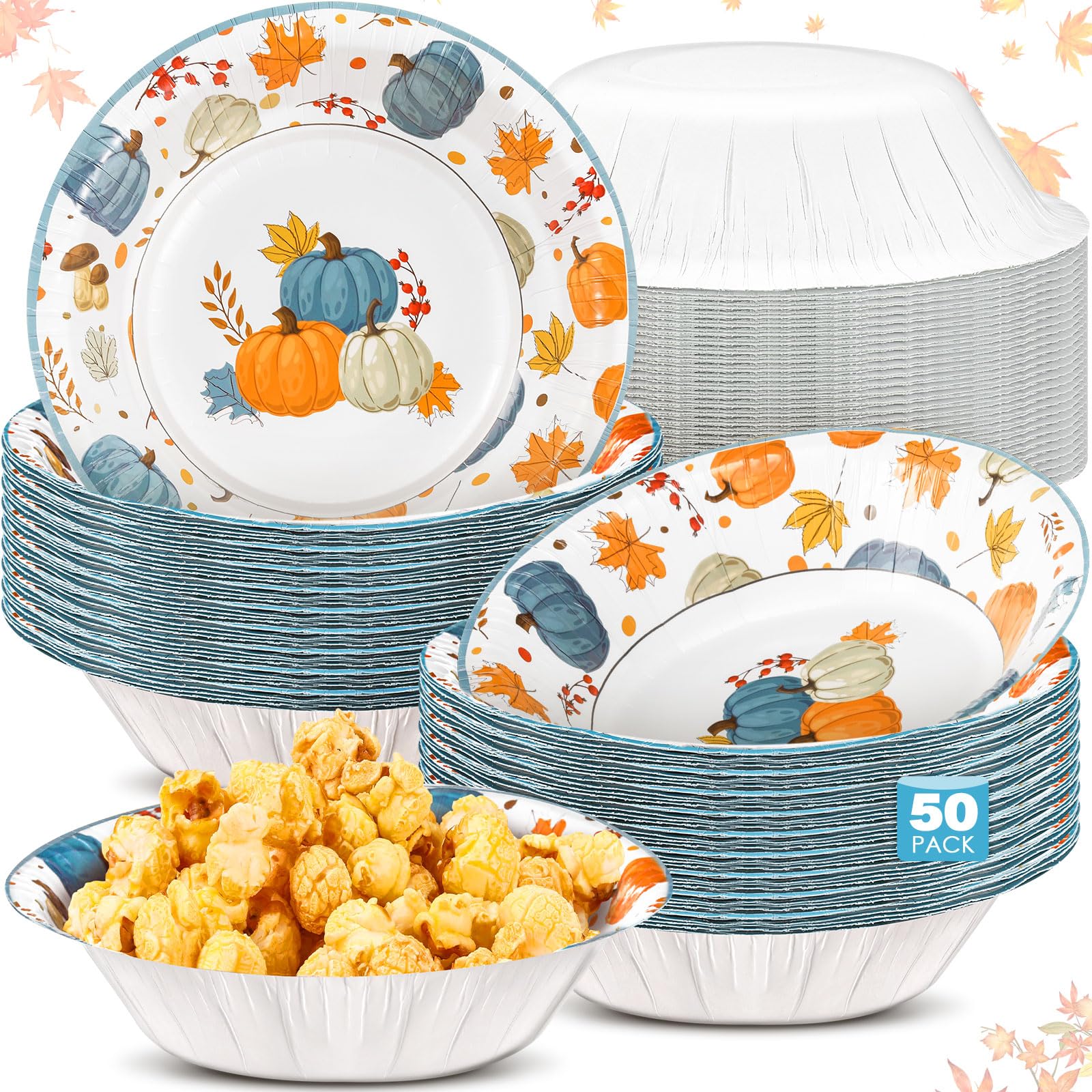Sliner 50 Pcs 16 oz Thanksgiving Paper Bowl Pumpkin Autumn Maple Leaves Disposable Fall Thanksgiving Soup Bowl for Holiday Party