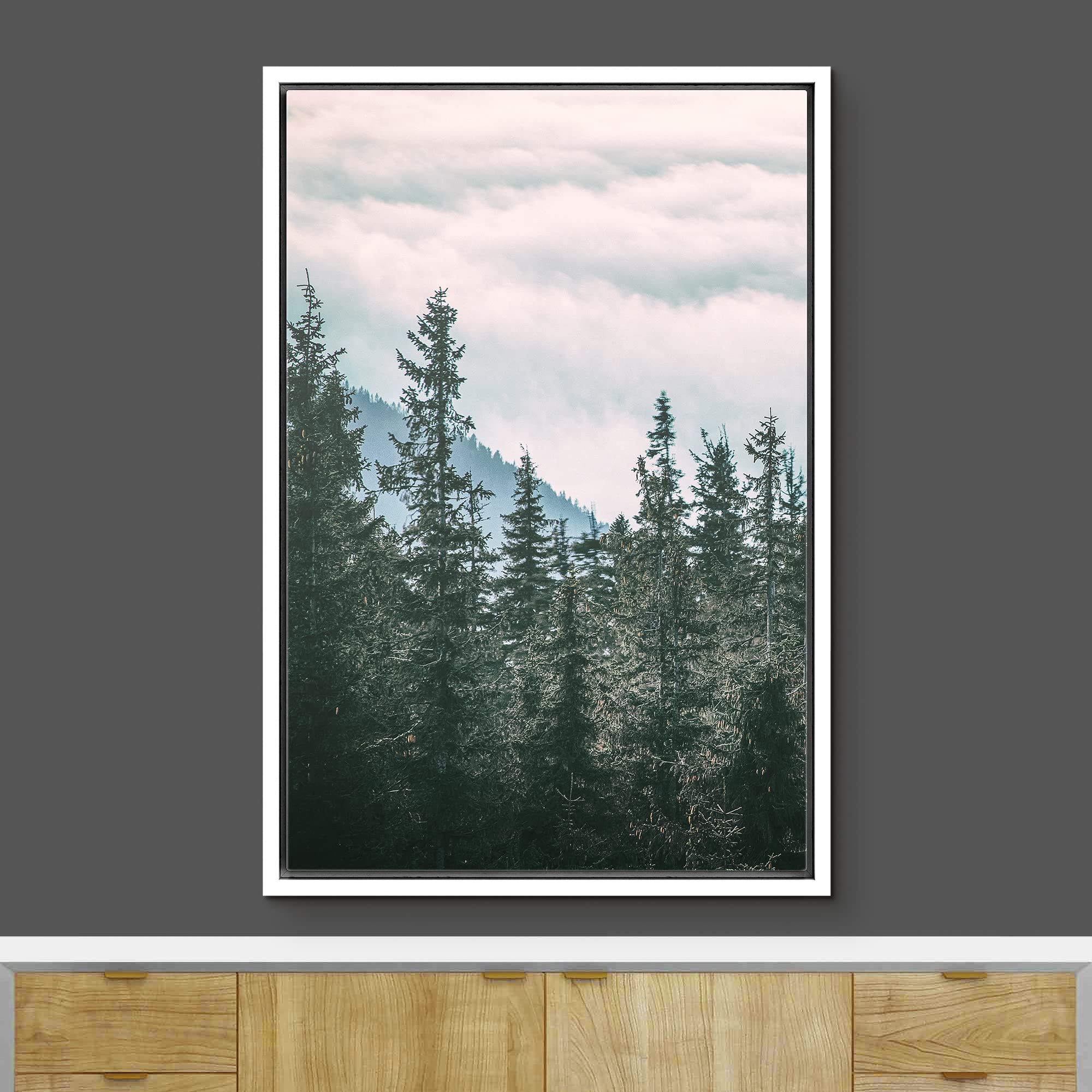 Ashbrook Framed Canvas Print Wall Art Washed Out Vintage Forest Trees And Mountains Nature Wilderness Photography Modern Rustic