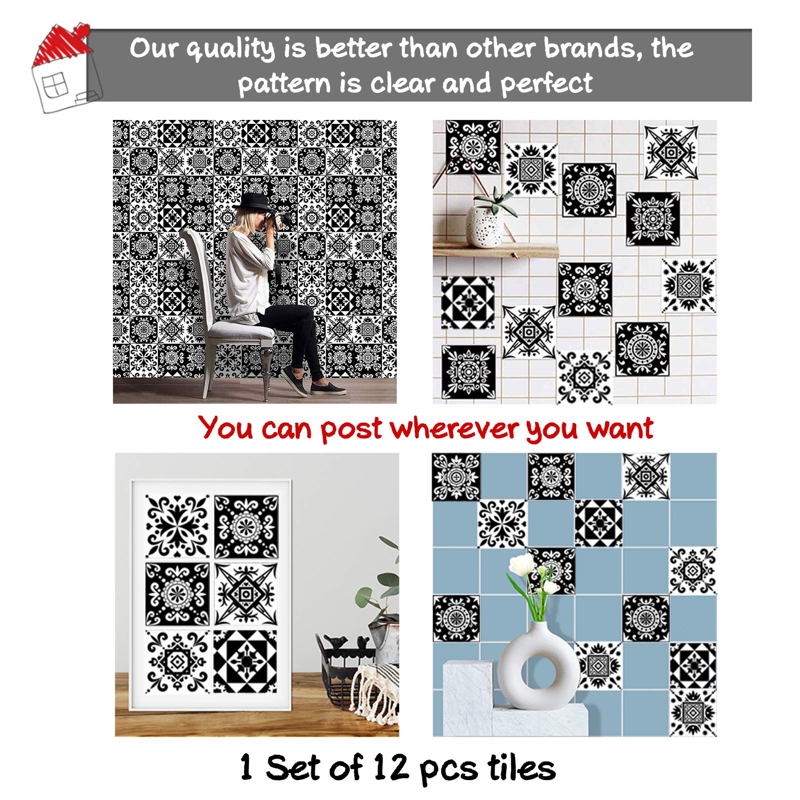 Kakofaci Black and White Tile Wall Stickers 12 Pcs (6X6 in) Kitchen and Bathroom Backsplash Decorative Stickers Removable Waterproof Decals Peel and Stick