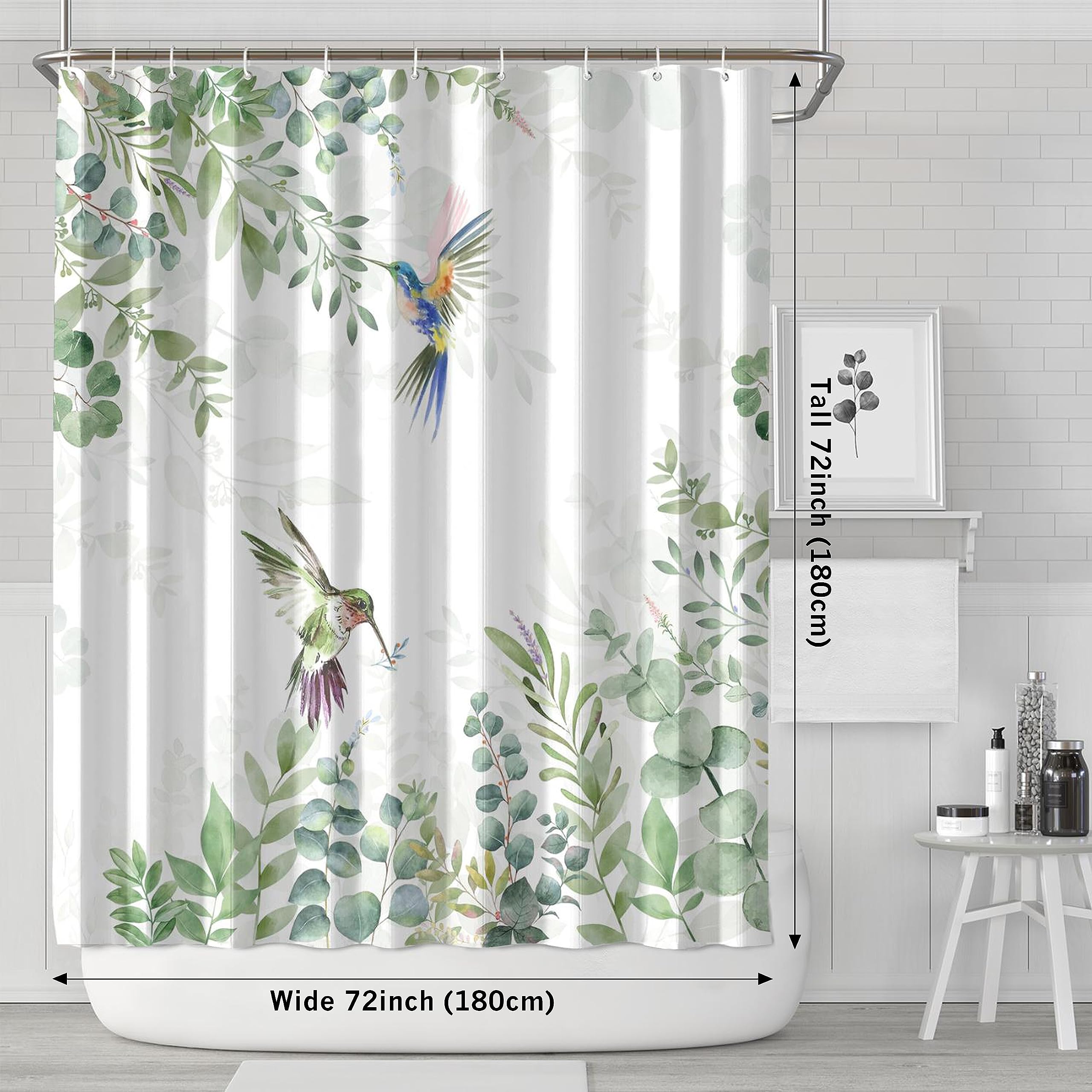 Hummingbird Sage Green Eucalyptus Leaves Shower Curtain, Spring Summer Botanical Floral Bird Home Bathroom Decor, Polyester Cott