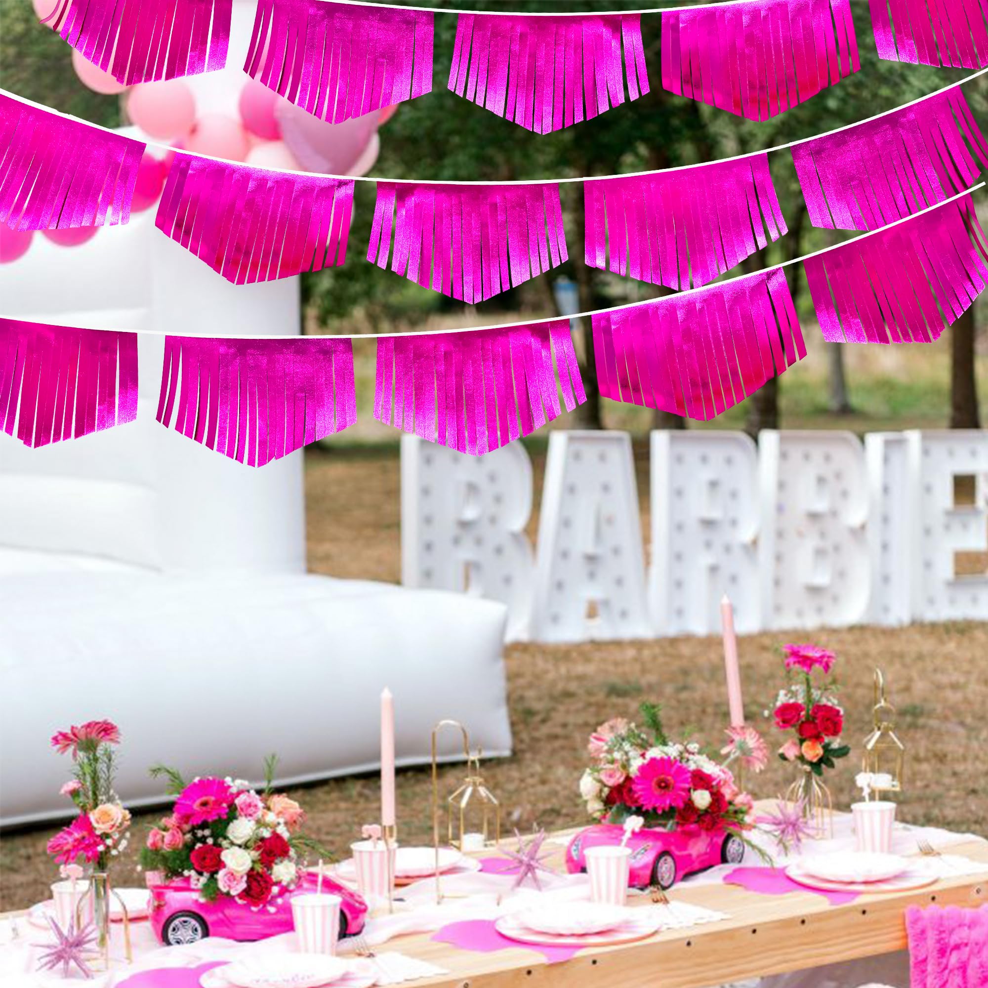 Hot Pink Tassel Banner Double Sided Metallic Fabric Pennant Bunting Flag Garland For Birthday Bachelorette Anniversary Engagemen