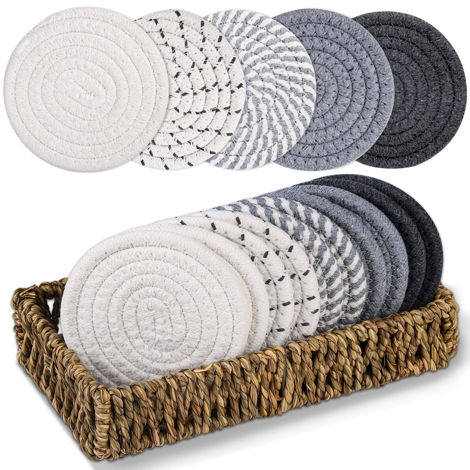 Mckanti 10 Pcs Drink Coasters With Basket, 5 Colors Absorbent Coasters For Drinks, Minimalist Cotton Woven Coaster Set For Home