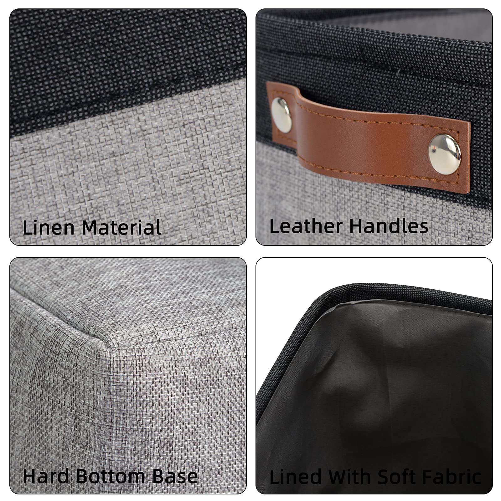 DULLEMELO Large Collapsible Storage Basket/Bin with Durable Leather Handles  Fabric Organizer Bin for Storage Clothes  Toys  Books  Office  Bedroom  Closet  Nursery & Laundry (Black&Gray)