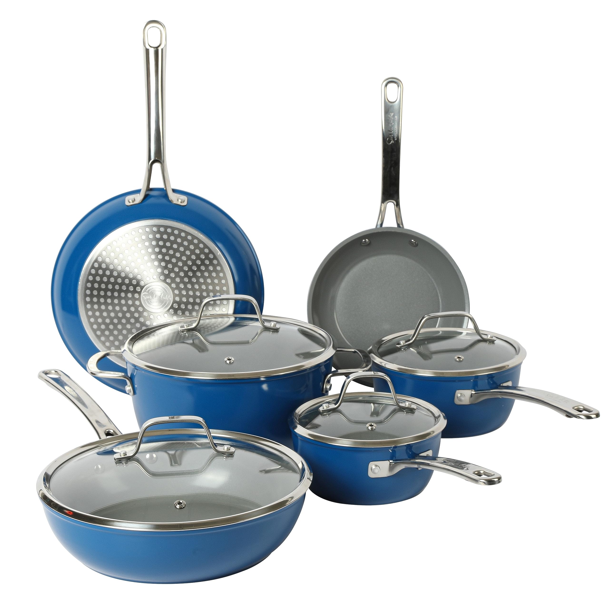 Sur La Table Kitchen Essentials 10 Piece PFA Free Titanium Ceramic Nonstick Interior Forged Aluminum Cookware Pots and Pans Set 