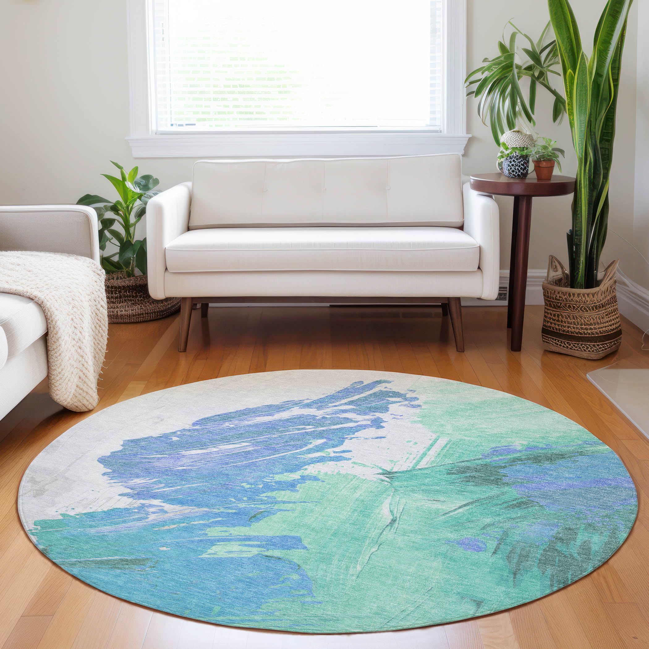 Machine Washable Indoor/Outdoor Chantille Seafoam 8 x 8 Round Rug