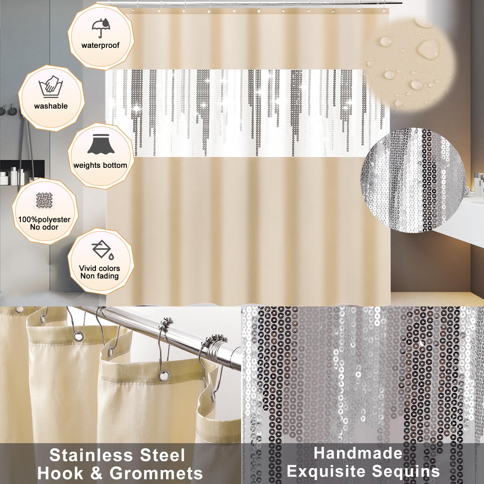 Beige Bathroom Accessories Set With Glitter Shower Curtain And Rugs,Bathroom Sets With Extra Soft And Absorbent Bath Rugs Sequin