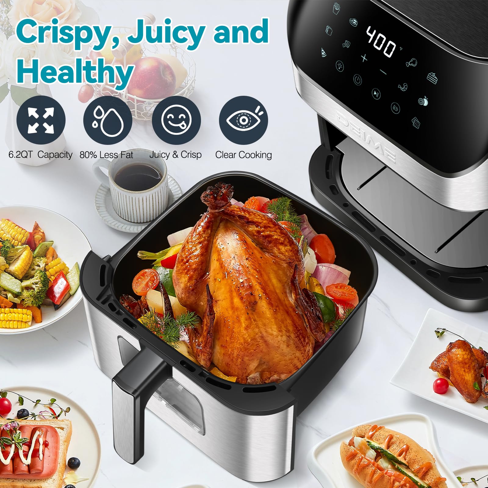 Air Fryer 6.2 QT Oilless 1500W Large Capacity Oven Air Fryers Healthy Cooker with 10 Preset  Visual Cooking Window  Non-Stick Basket  Included Recipe