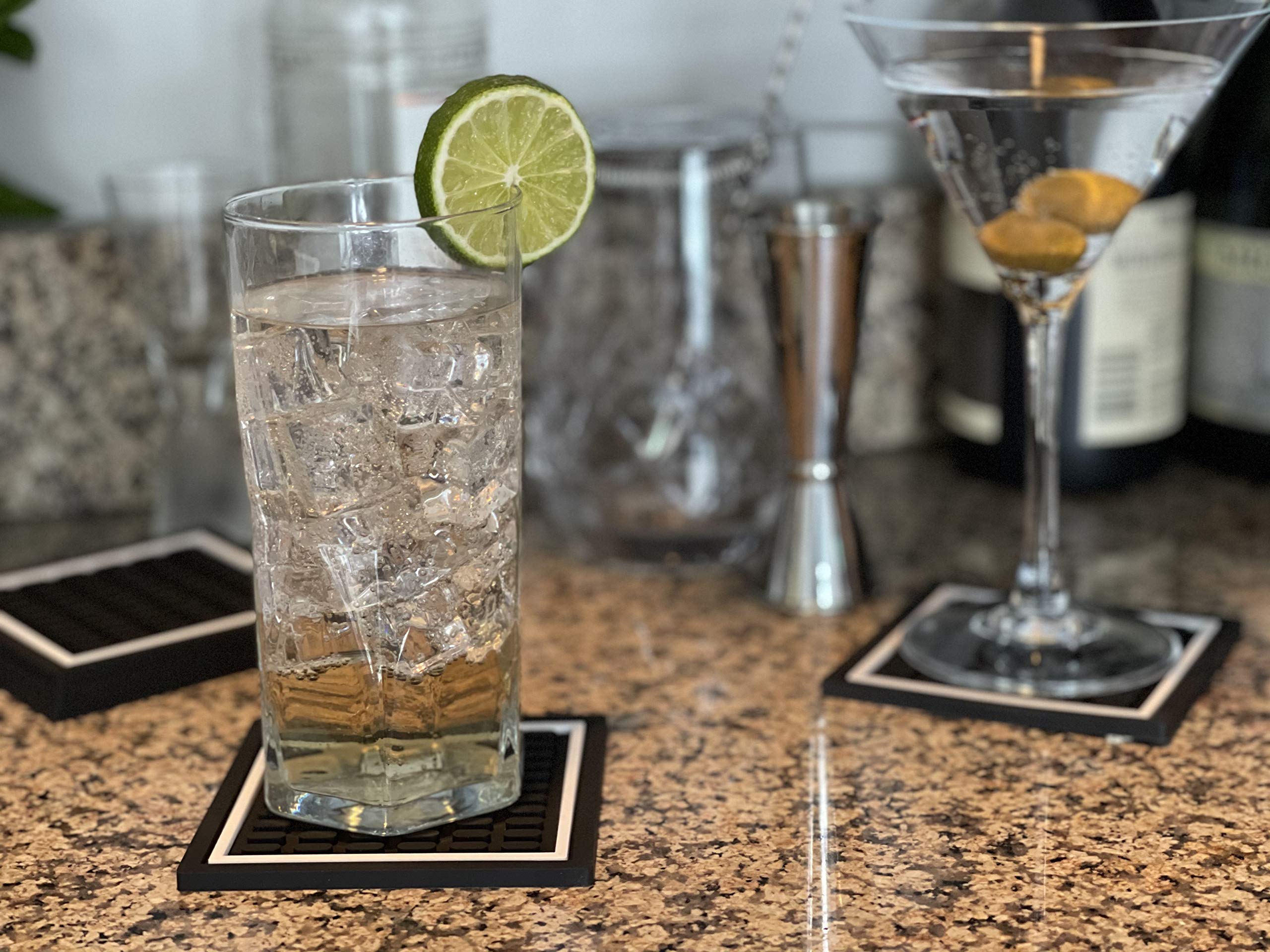 Highball & Chaser Bar Mat Coasters | 6 Piece Coaster Set | Square Absorbent Coasters For Drinks | Stylish Design Great For Home