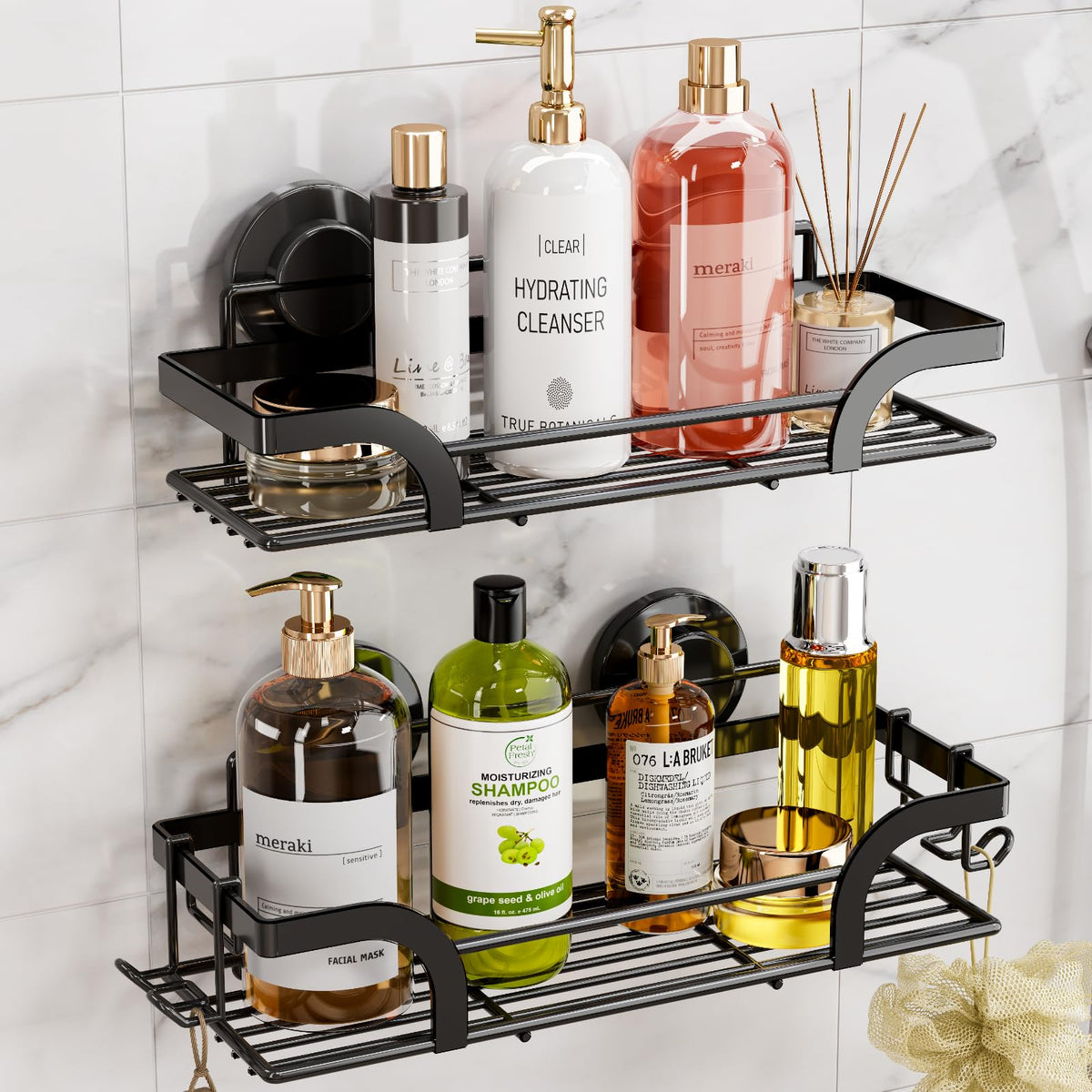 Leverloc Shower Caddy Suction Cup, 2 Pack Shower Shelves For Inside Shower, Silver Metal Shower Stroage No-Drilling Bathroom Sho
