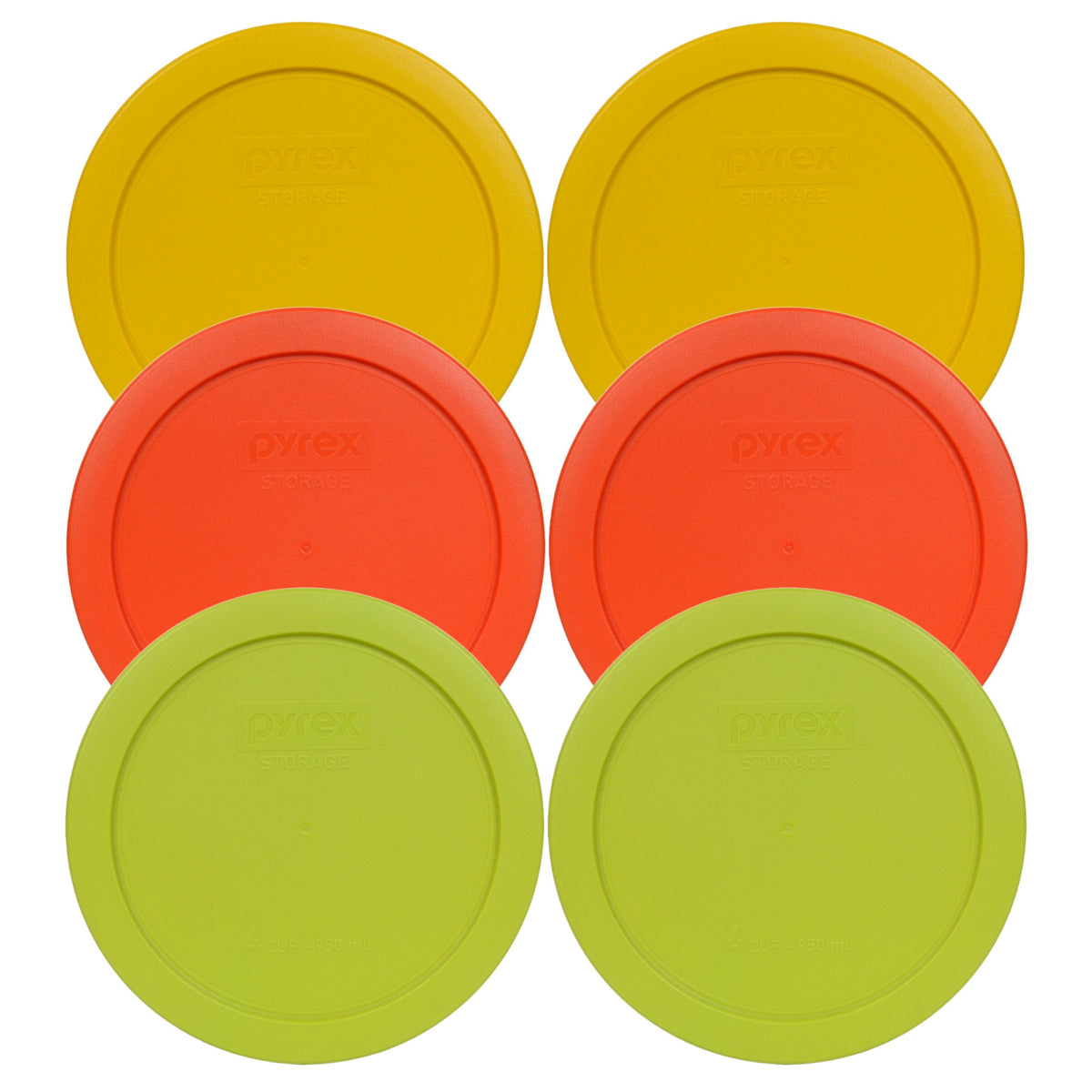 Pyrex 7201-Pc 4 Cup (2) Butter Yellow, (2) Pumpkin Orange, & (2) Edamame Green Plastic Food Storage Lids, Made In Usa