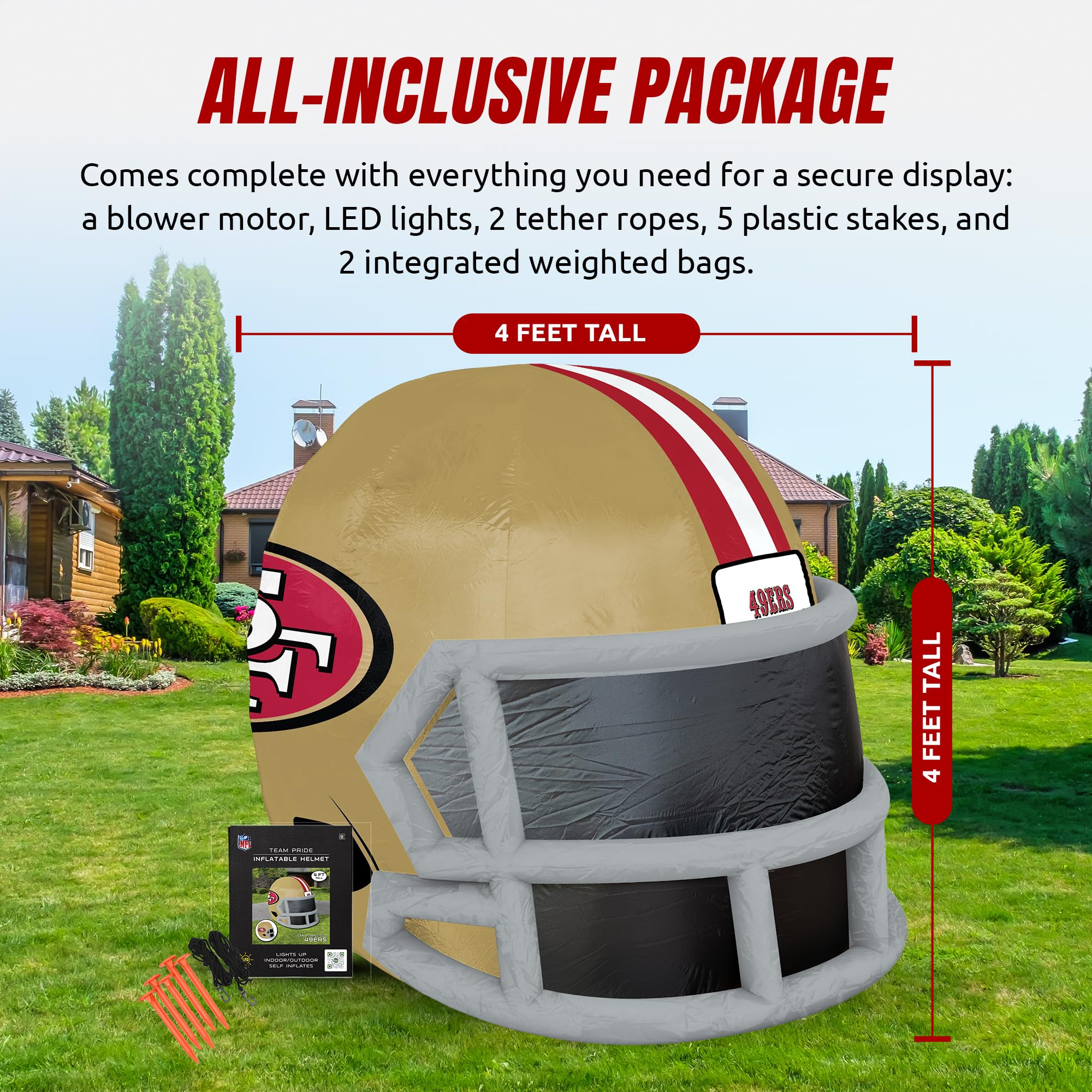 Sporticulture NFL San Francisco 49ers 4ft Inflatable Helmet with LED Lights & Built-in Blower - Merchandise Decor Ideal for Lawn