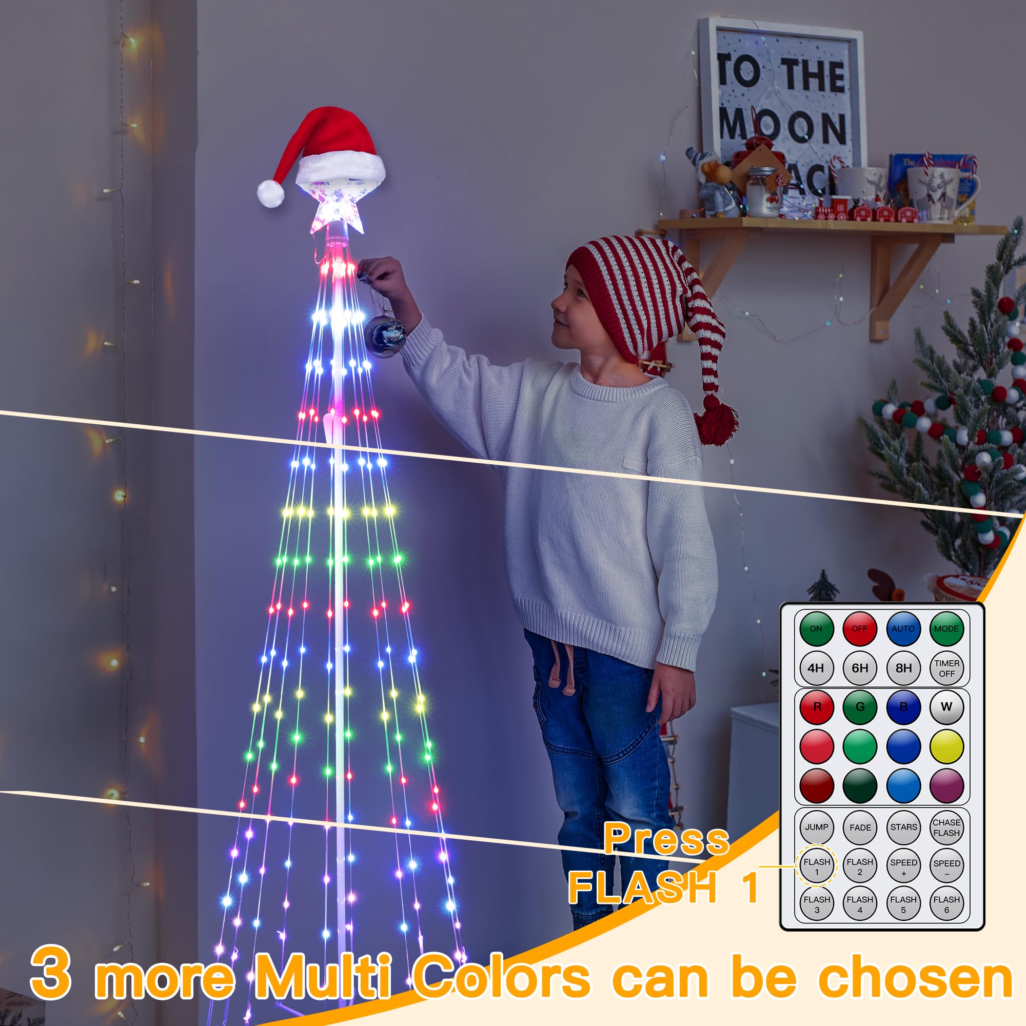 Ollny Christmas Tree Lights 5FT 140 LED, RGB 34 Modes Color Changing Outdoor String Light with Plug in Remote, Waterproof Star L