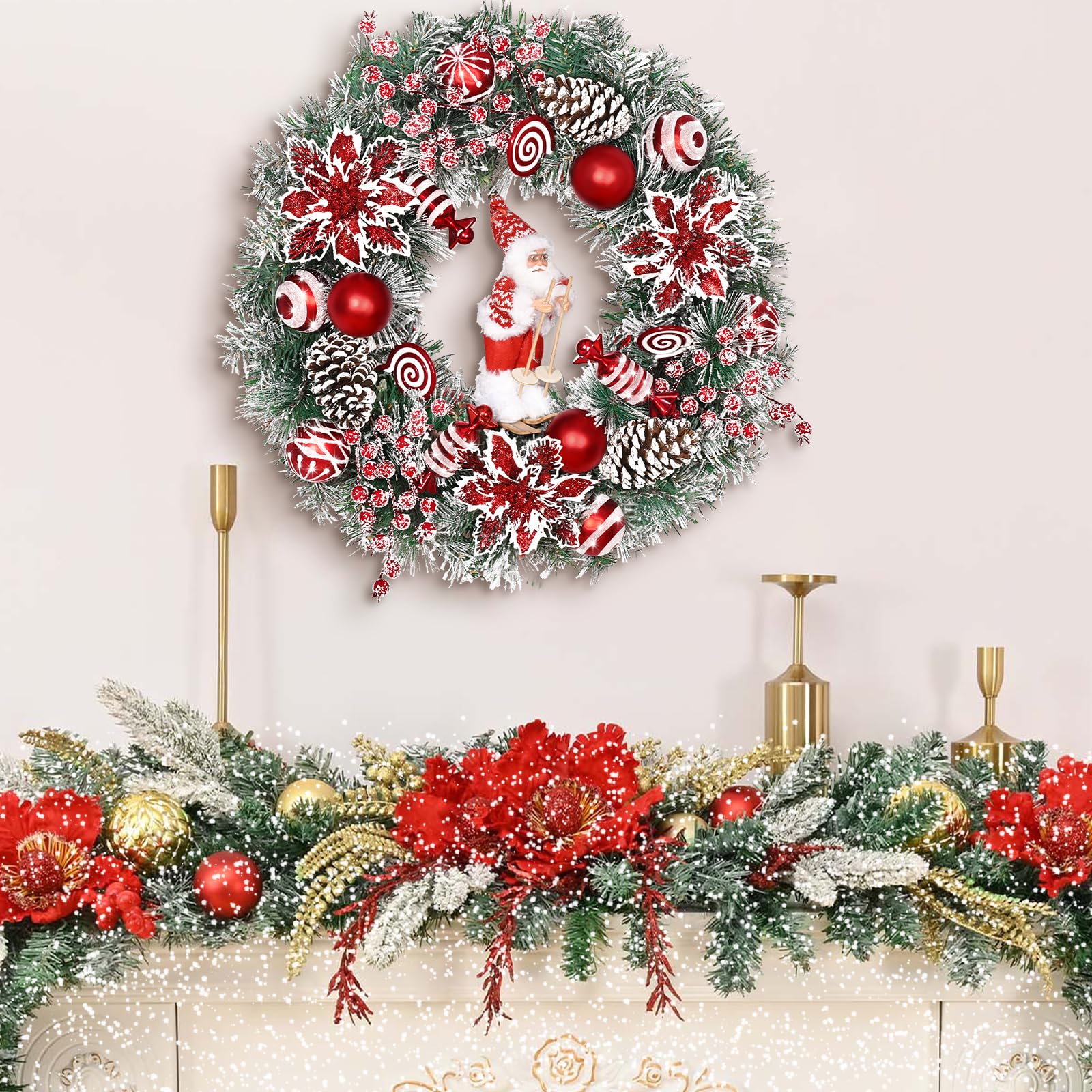 Christmas Wreaths for Front Door, 18 Christmas Wreath with Skiing Santa Claus, Red Poinsettias Christmas Wreath, Christmas Door