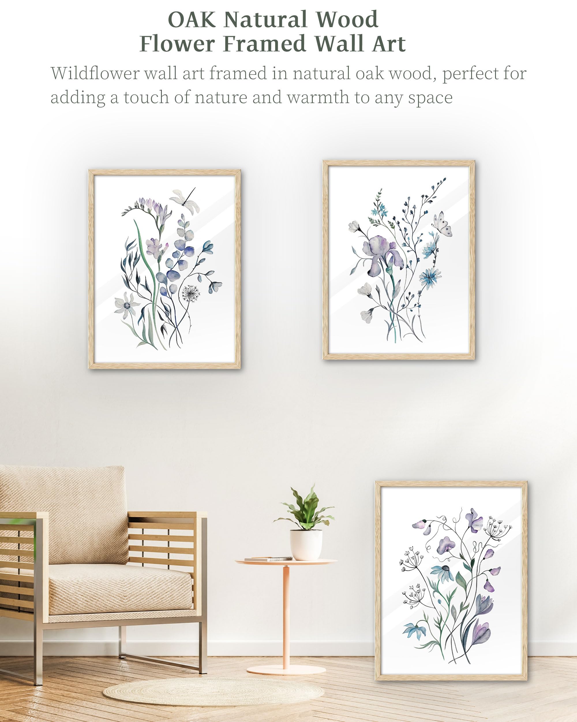 Ihery Natural Oak Wood Framed Blue Floral Wall Art, 12X16 In Set Of 3 Colorful Wildflower Canvas Prints, Beige Narrow Frame Bota