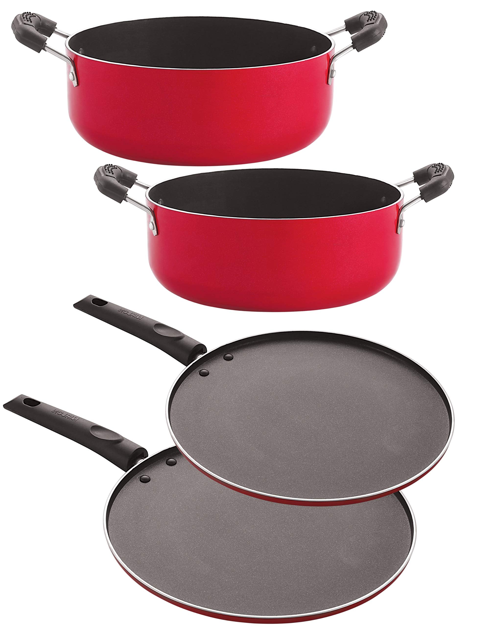 Nirlon NonStick Casserole Smart Tawa Smart Tawa Casserole Aluminium Cookware Set, 4Pieces, Red/Black(Cs20_St11_St12_Cs24)