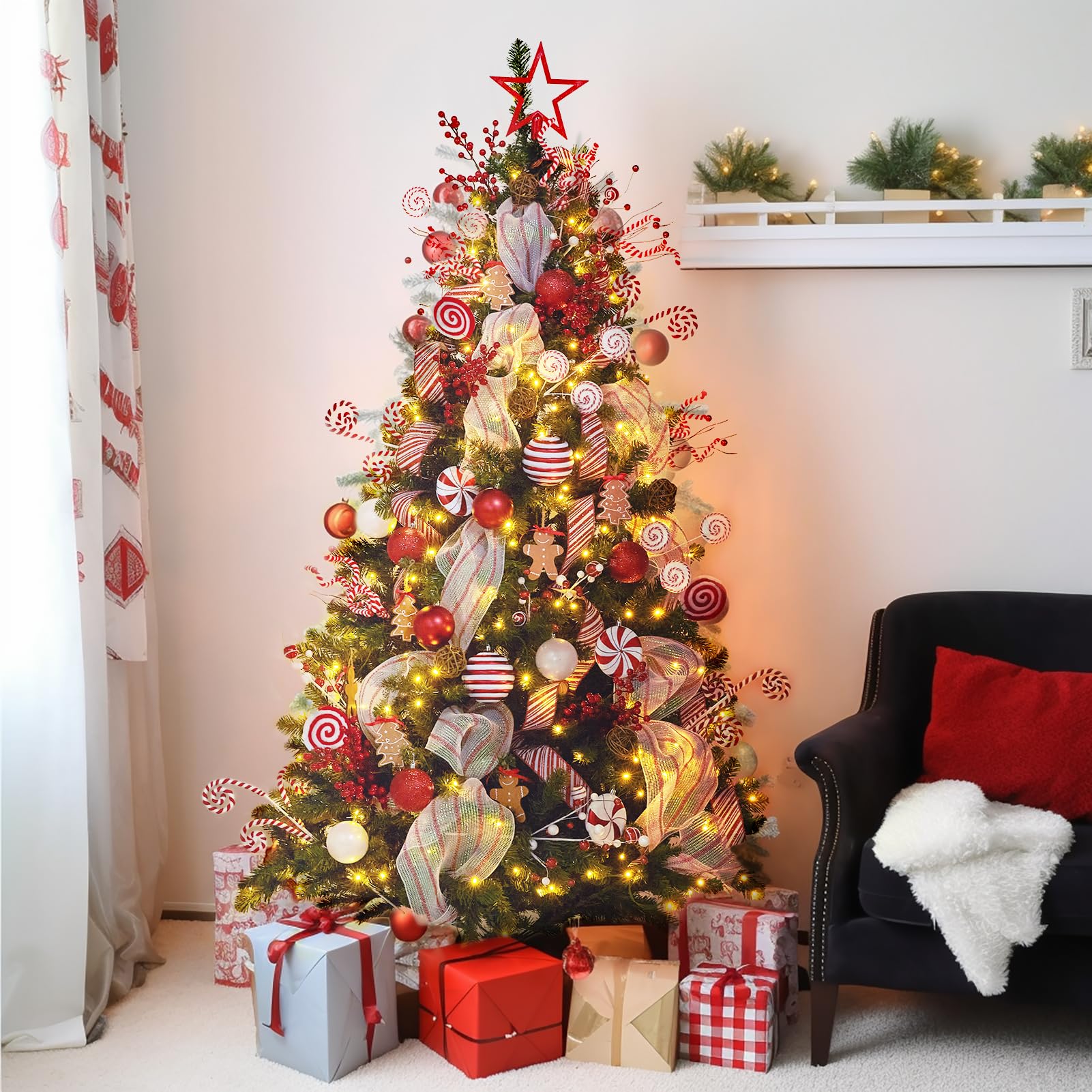 WBHome 7FT Pre-lit Artificial Christmas Tree with 400 Plug-in LED Lights and Ornaments Set Package, Peppermint & Gingerbread The