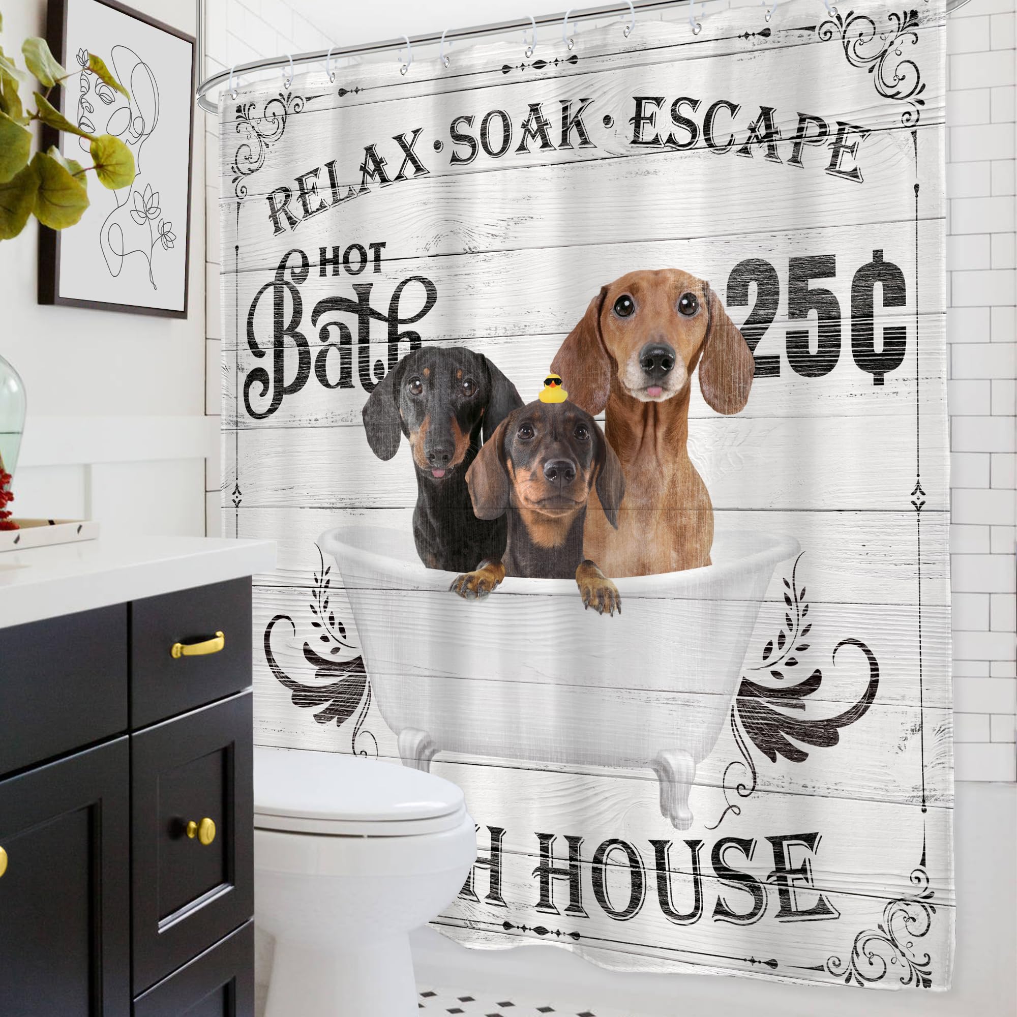 Glawry Funny Dogs Shower Curtain Farmhouse Vintage Cute Hilarious Dachshund Puppy Pets Bathroom Set Bathroom Bath Soap Modern Bu