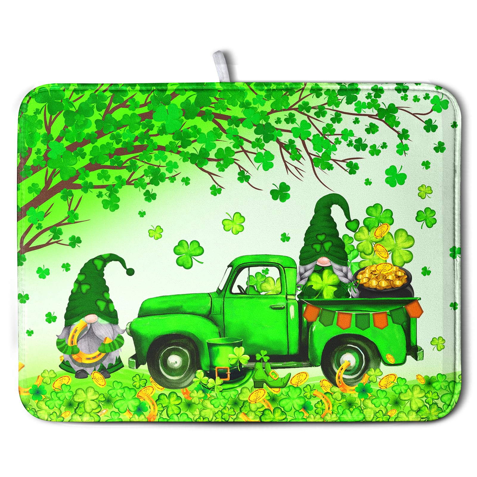 Kwlegh St Patricks Day Shamrock Dish Drying Mat for Kitchen Counter Green Gnome Truck Dish Dry Mat St Patrick Spring Drying Mat