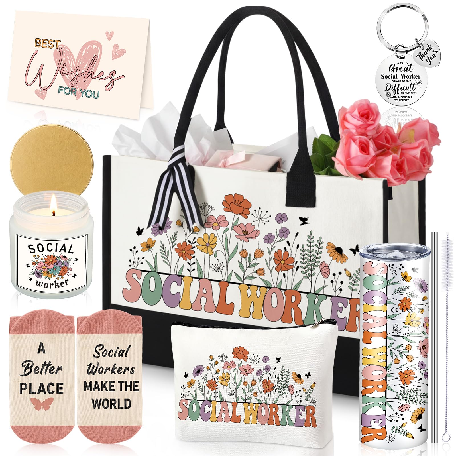 Patelai 7 Pcs SocialWorker Appreciation, School Worker Must Haves Gifts with 20 oz Tumbler Tote Bag Candle Socks Makeup Bag Keyc