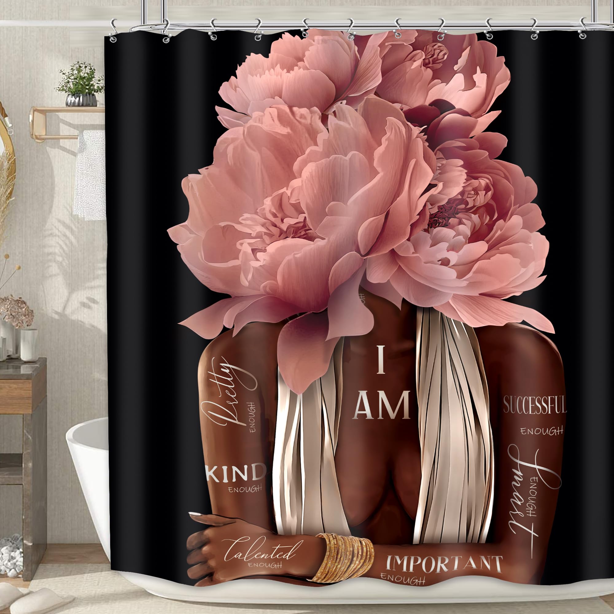 Meshelly Pink Black Girl Shower Curtain 60Wx72H Black Woman Peony Floral Quotes Bathroom Curtain Set African American Bath Curta