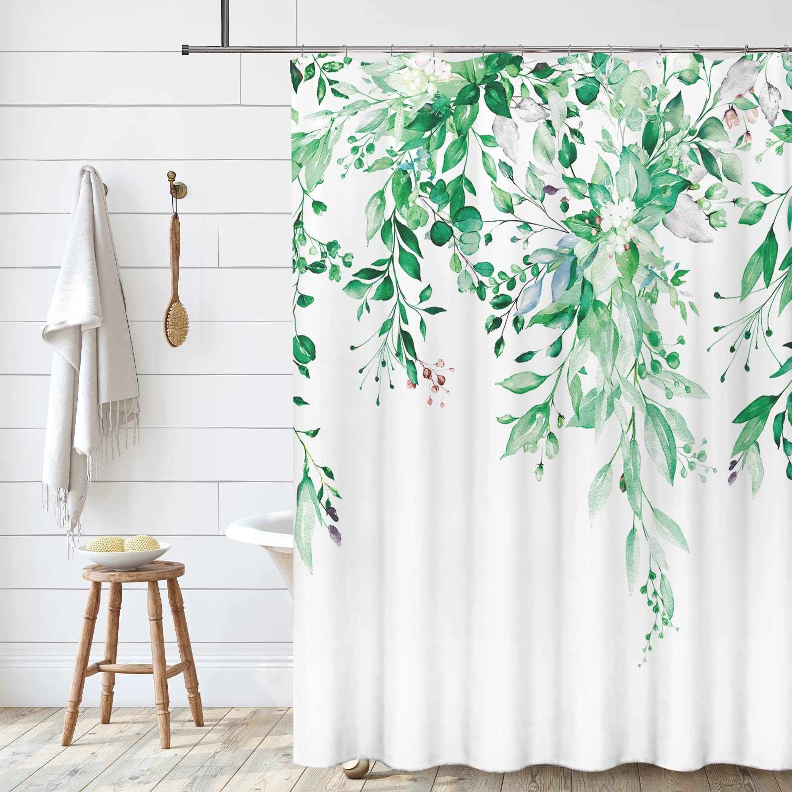 Tititex Emerald Green Eucalyptus Shower Curtain Sets, Watercolor Leaves On The Top Plant With Floral Bathroom Decoration 72X78 I